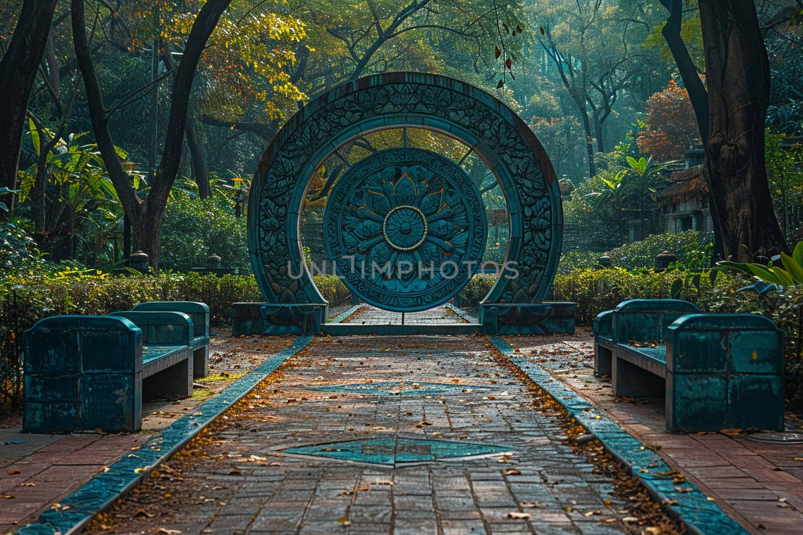 Dharma Wheel Symbolizing the Buddha's Teachings, The wheel's outline blends into the setting, representing the path to enlightenment.