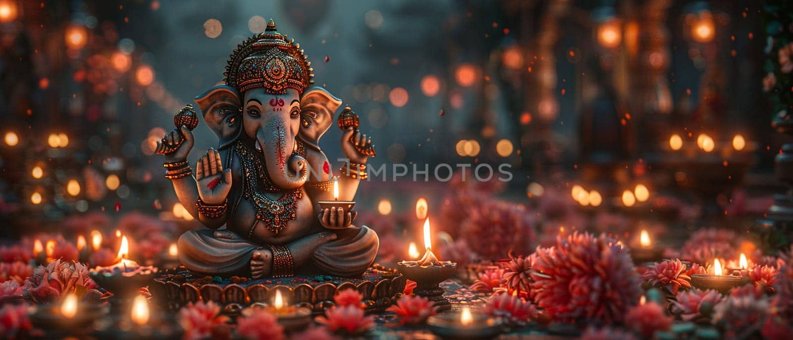 Ganesha Idol Serenely Sitting Among Diwali Lights by Benzoix