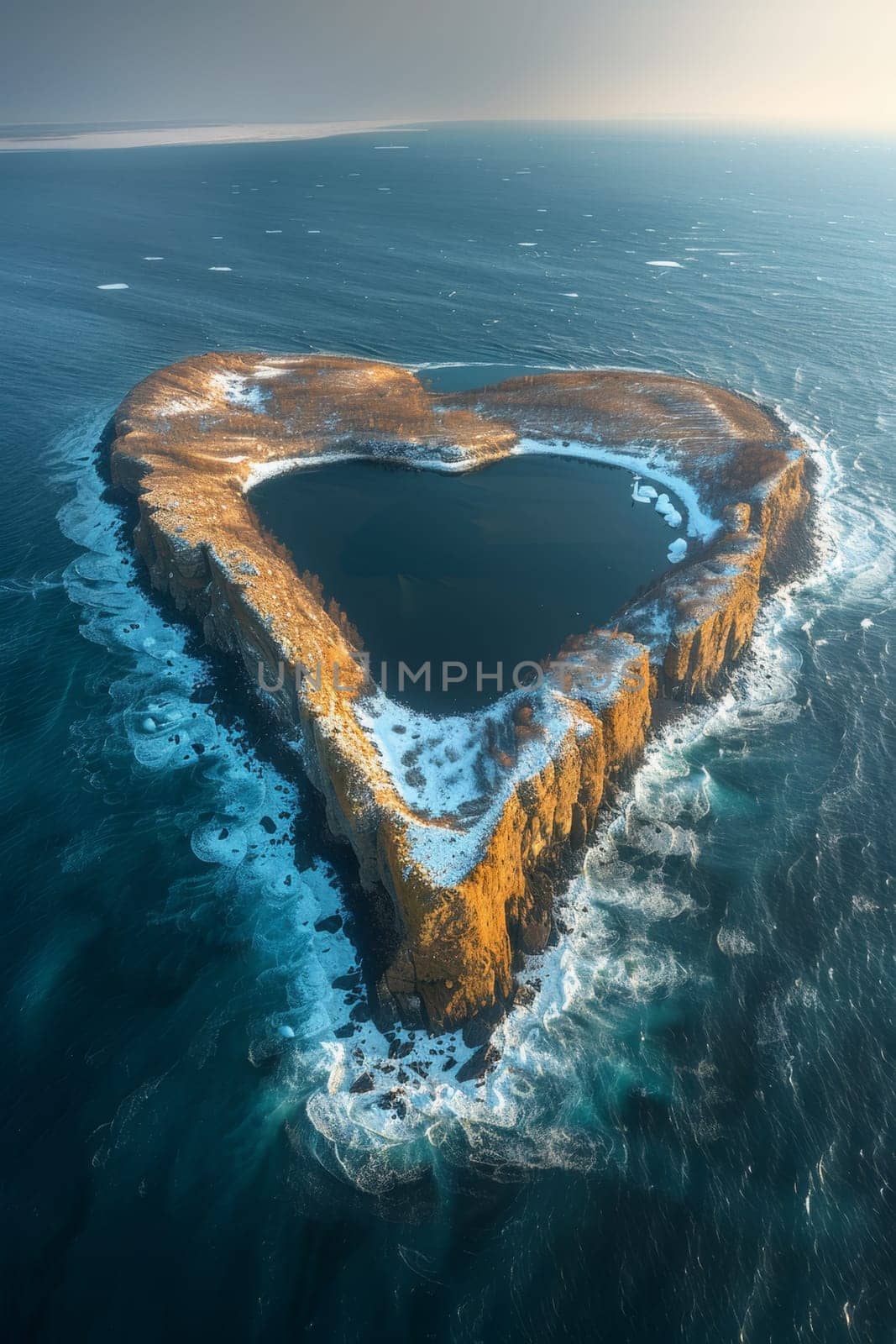 An island in the sea in the shape of a heart.