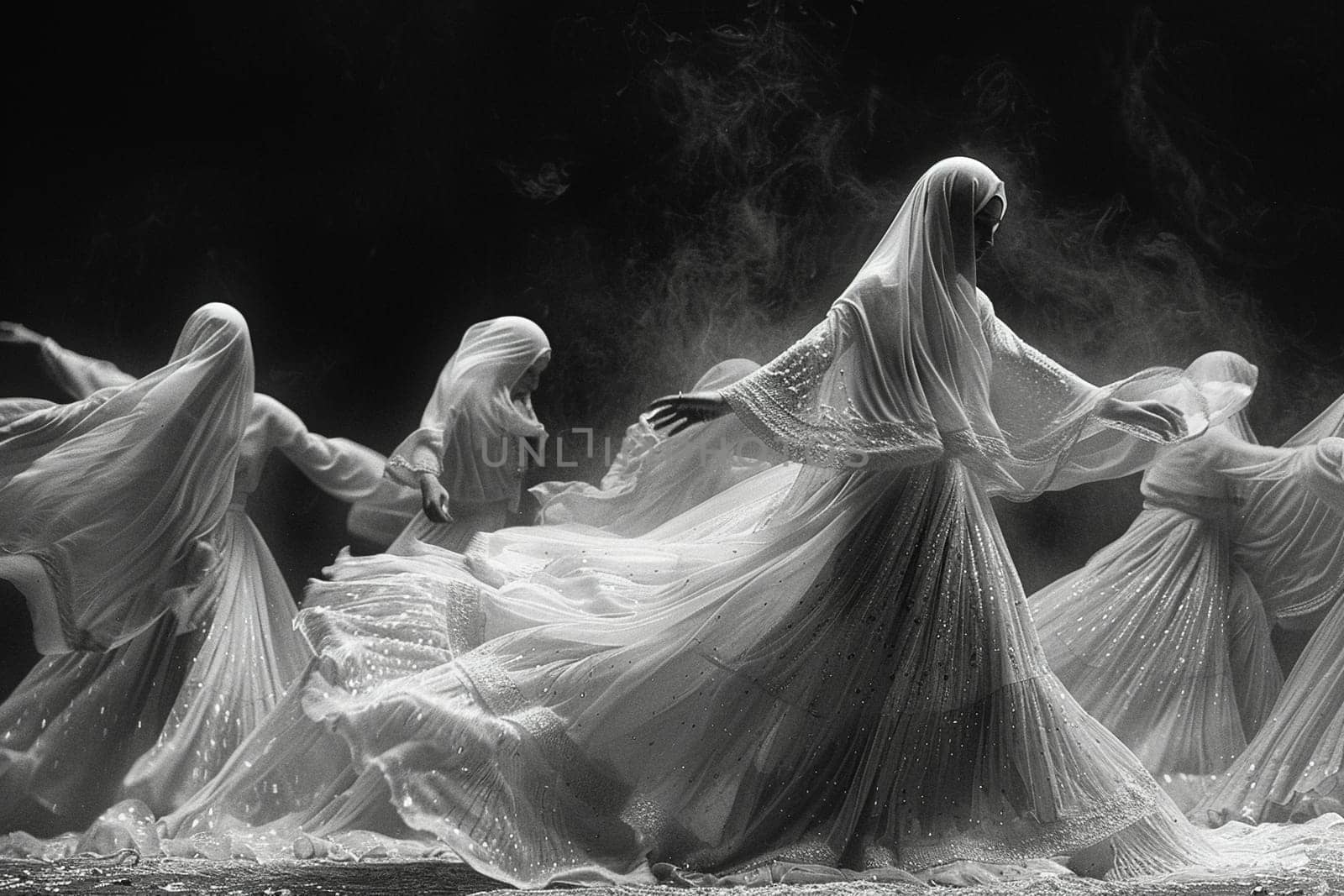 Sufi Whirling Dervish Skirts in Gentle Rotation, The skirts' motion blurs, capturing the spiritual ecstasy and devotion of the dance.