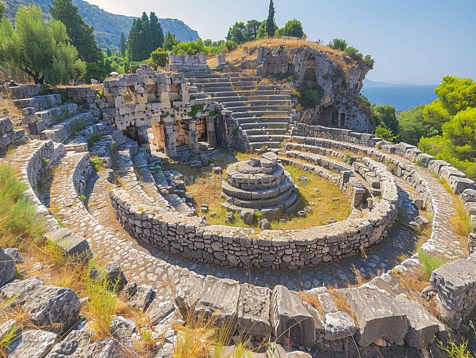 Greek Amphitheater Echoing Ancient Philosophical Debates, The stone tiers blur into a historical venue for thought and discourse.
