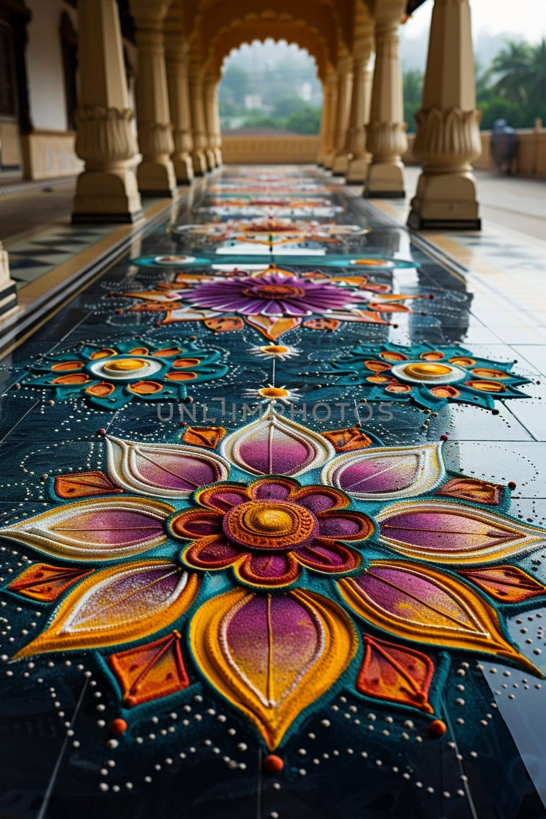 Colorful Hindu Festival Rangoli Blurring into Artistic Devotion, The intricate patterns spread into a vibrant display of culture and prayer.