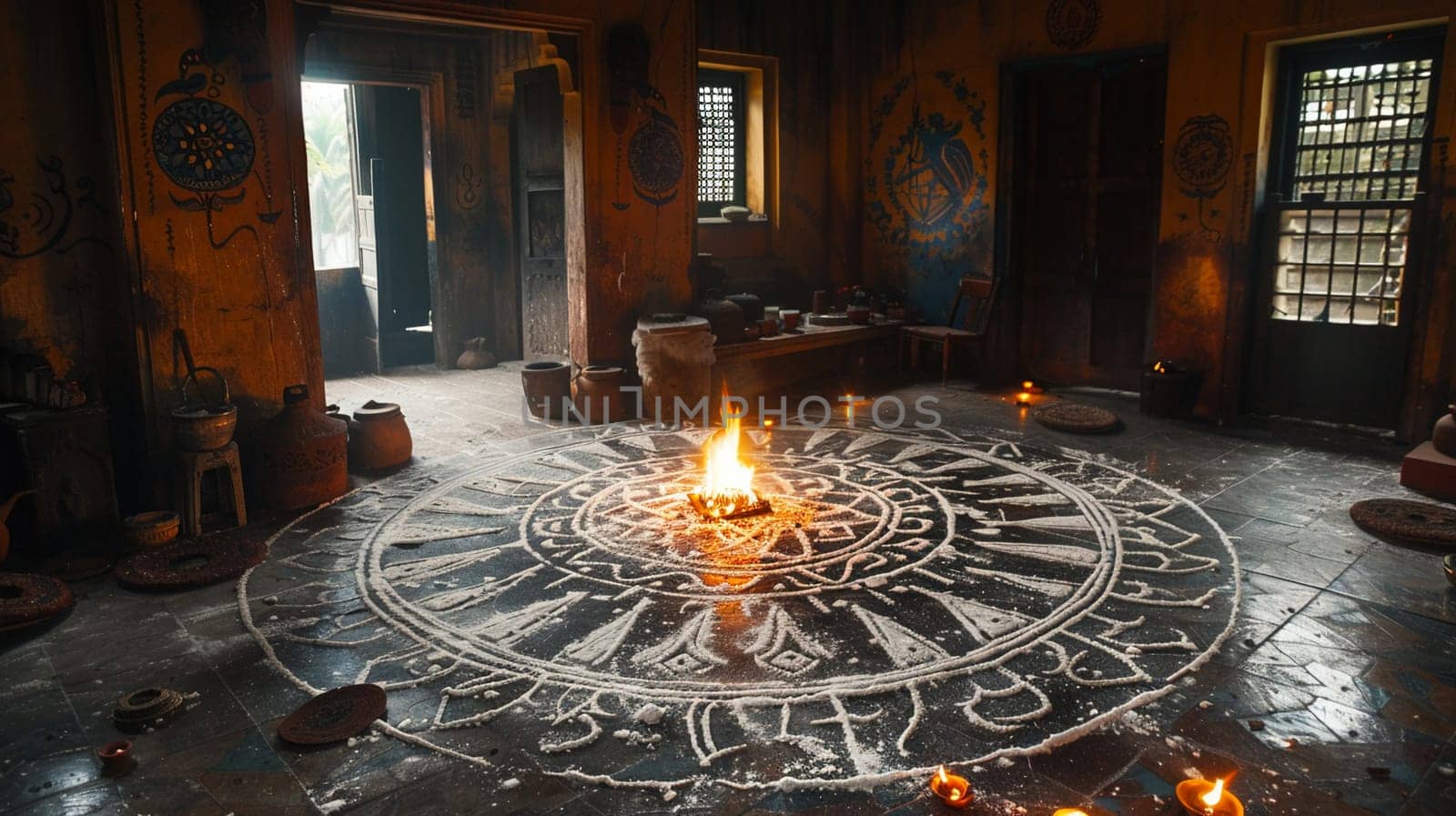 Vodou Veve Symbols Drawn in Flour for a Ceremony, The intricate lines spread out, carrying the power of connection to the divine.