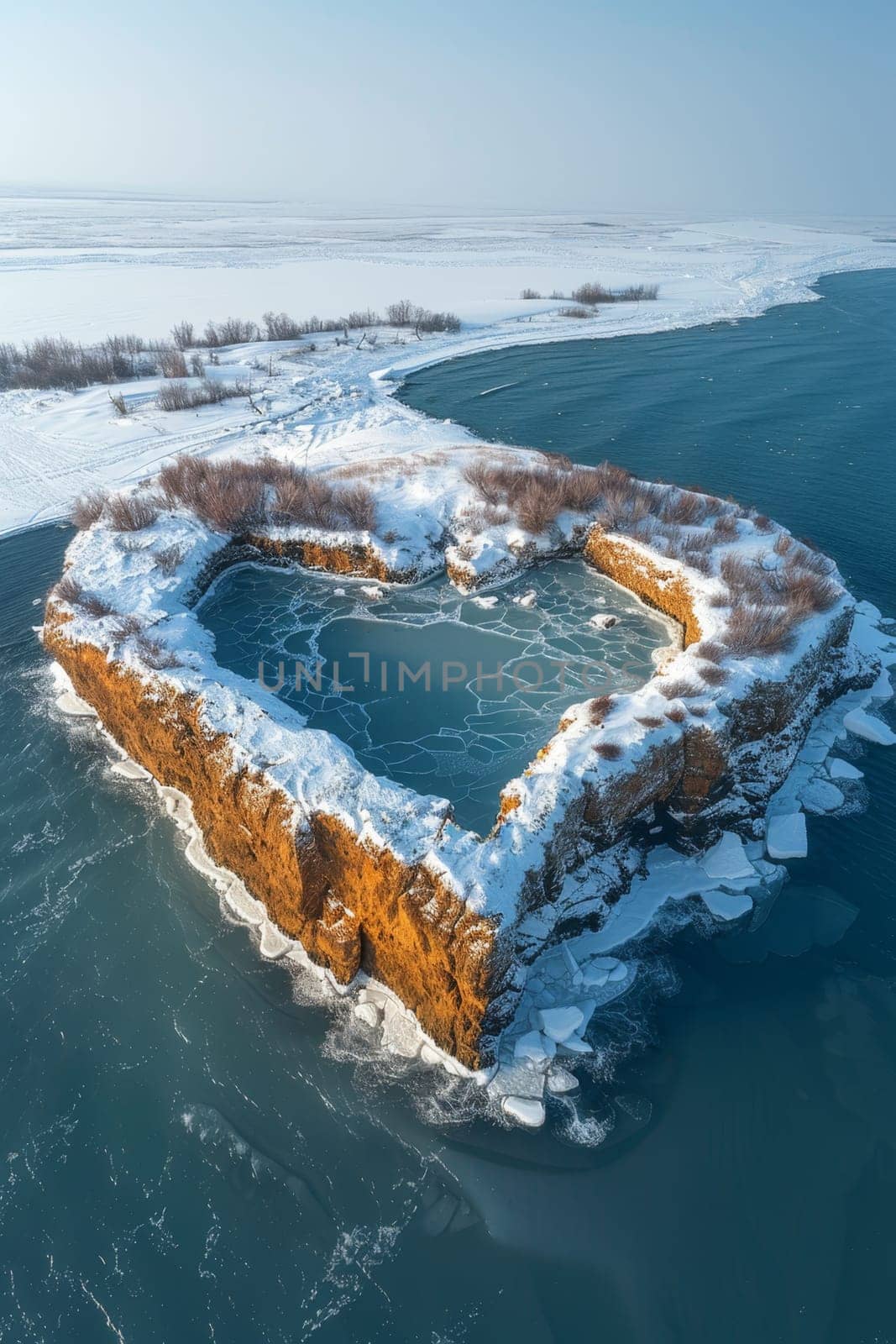 An island in the sea in winter in the shape of a heart.