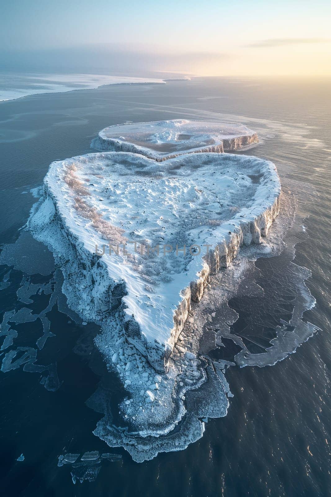 An island in the sea in winter in the shape of a heart by Lobachad