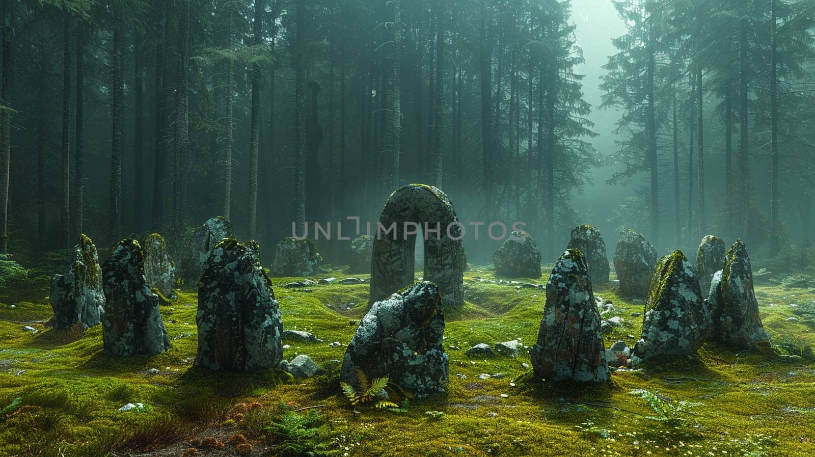 Druidic Circles Standing Silent in a Forest Clearing, The stones blur into a sacred space, rooted in nature and the old ways.