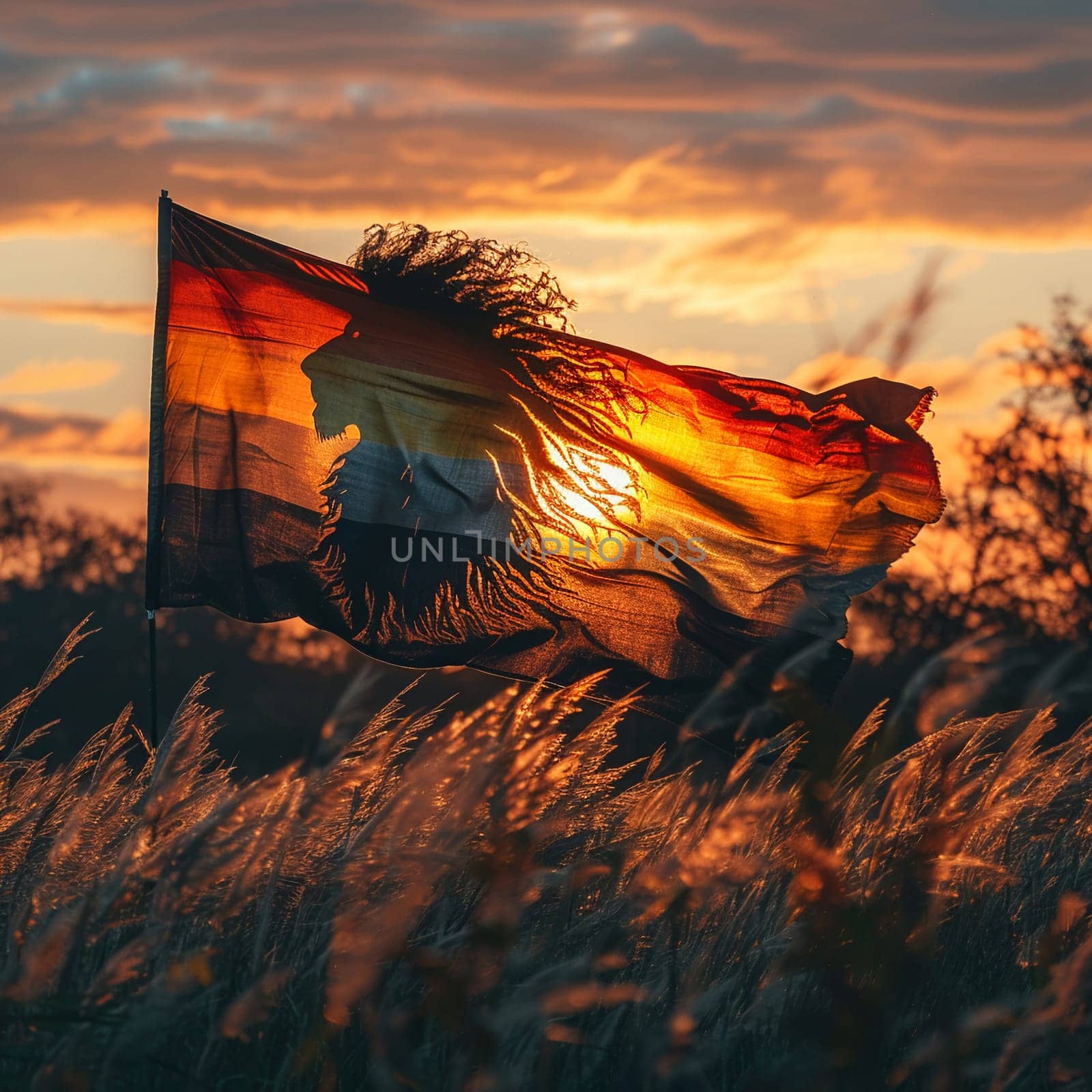 Rasta Lion of Judah Flag Fluttering in a Soft Breeze, The flag's colors blur, symbolizing the Rastafarian movement and Ethiopian roots.