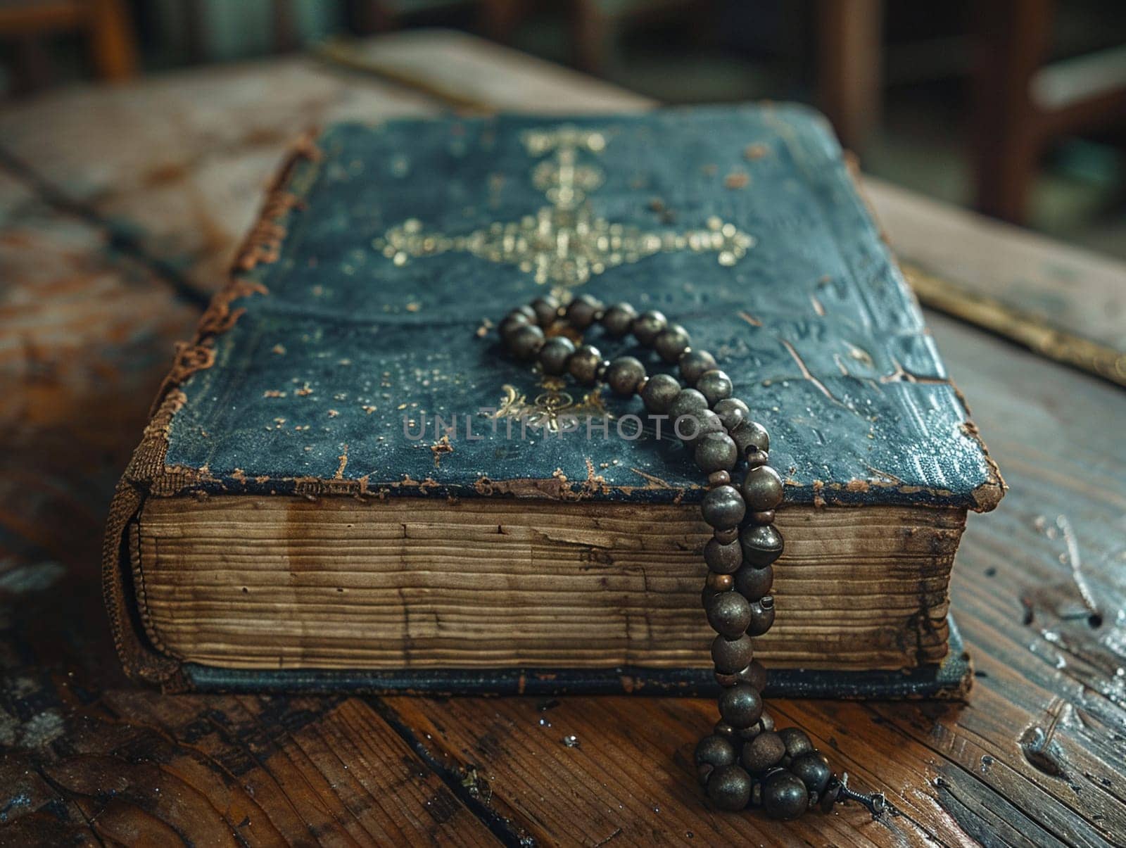 Rosary Beads Draped Over a Weathered Prayer Book The beads and text blur together by Benzoix