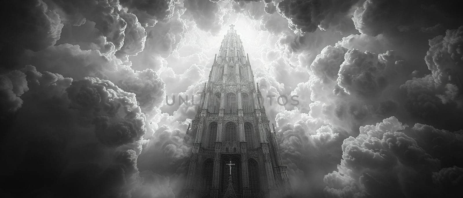 Gothic Church Spire Reaching Upward into a Cloudy Sky, The spire blurs into the heavens, a Gothic symbol of aspiration and belief.