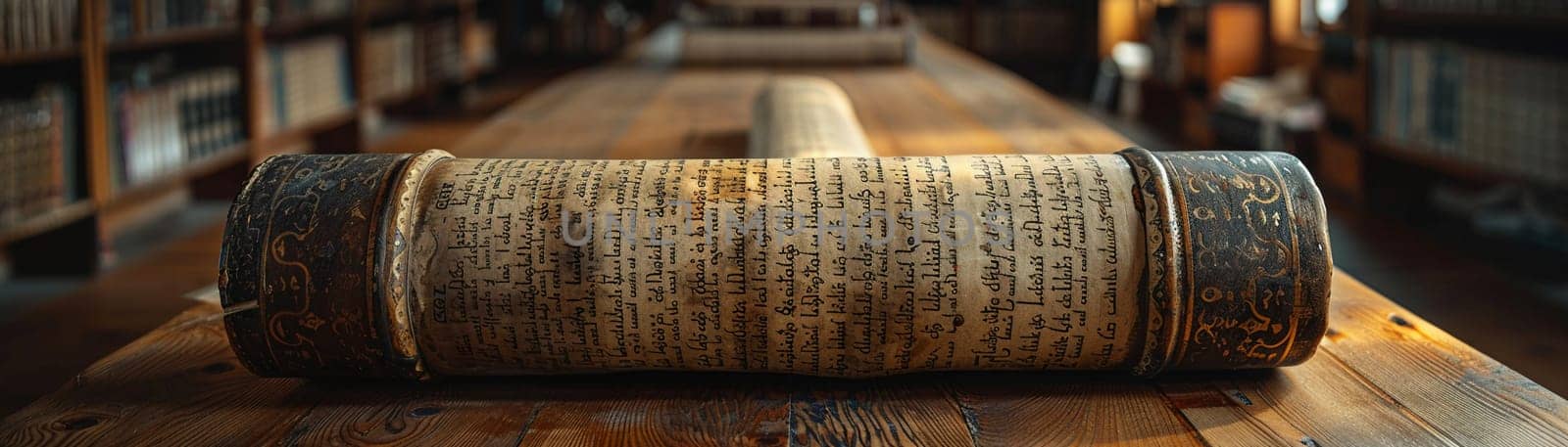 Torah Scrolls Safely Housed in a Softly Lit Ark, The sacred text blurs slightly, emphasizing the reverence and tradition it holds.