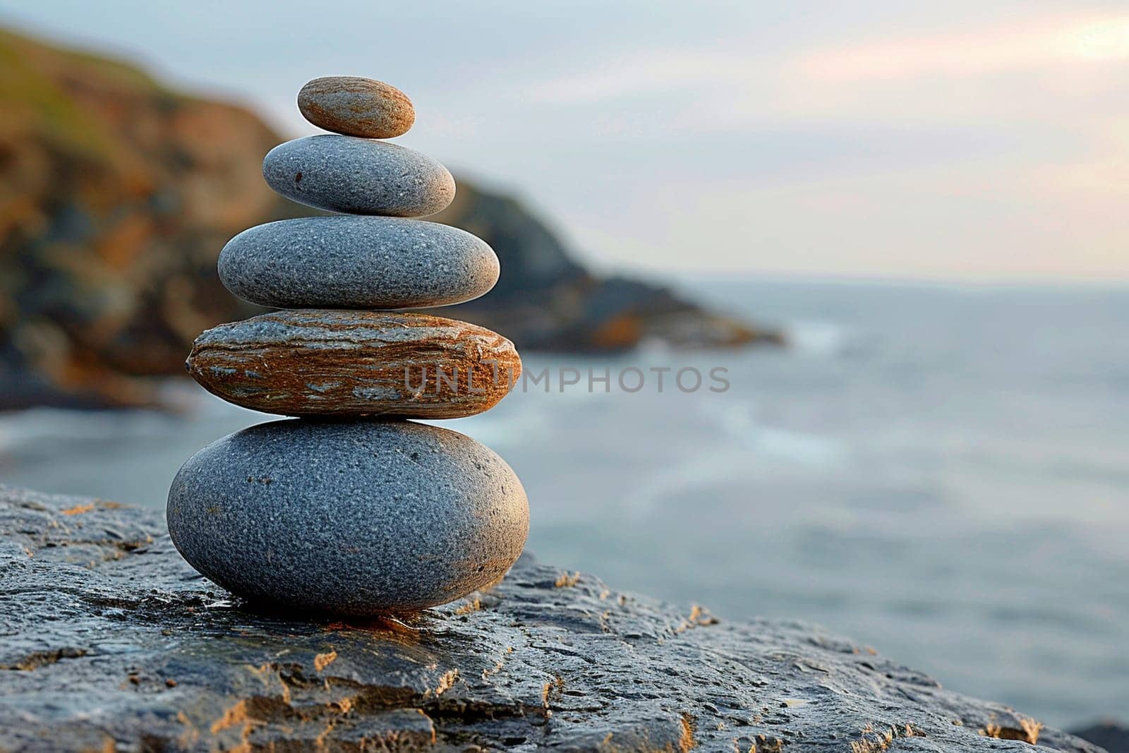 Zen Stones Stacked in Balanced Harmony, The stones blur into one another, creating a tranquil symbol of simplicity and meditation.
