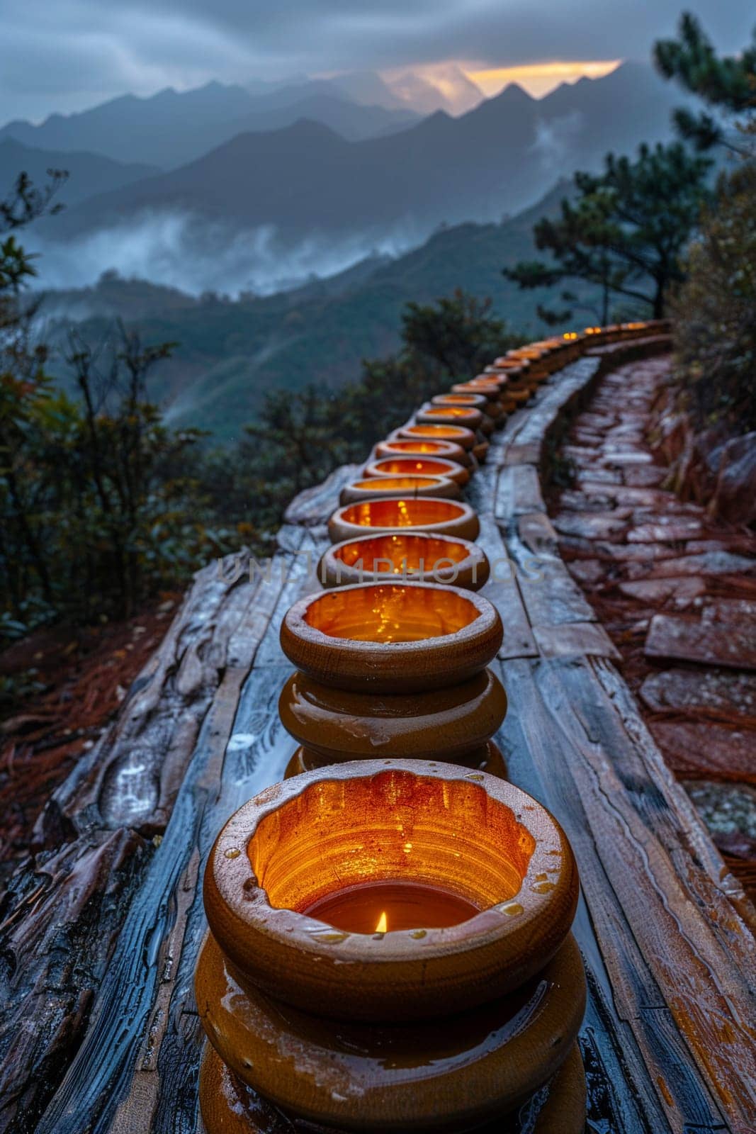 Buddhist Prayer Wheels Spinning Alongside a Mountain Path by Benzoix