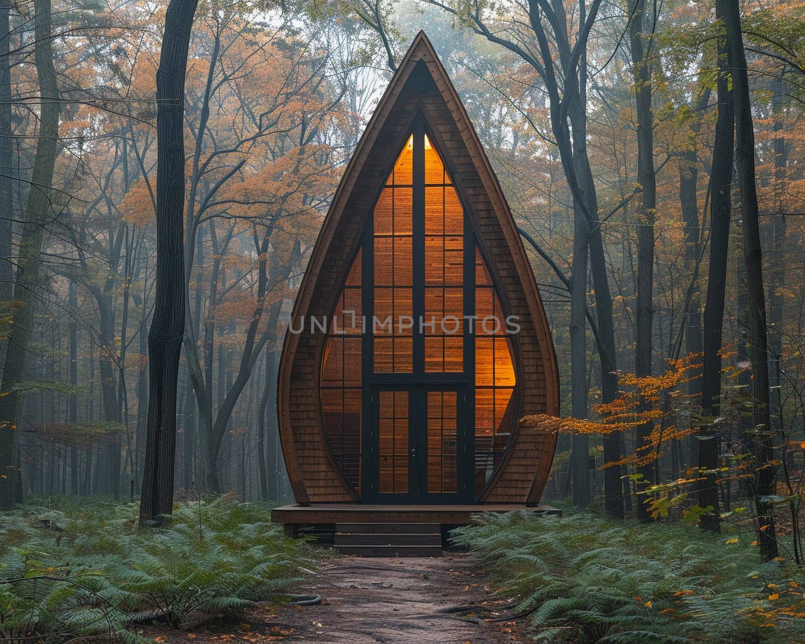 Rustic Wooden Chapel Nestled in Serene Nature, The outline of the humble structure merges with the tranquility of its surroundings.