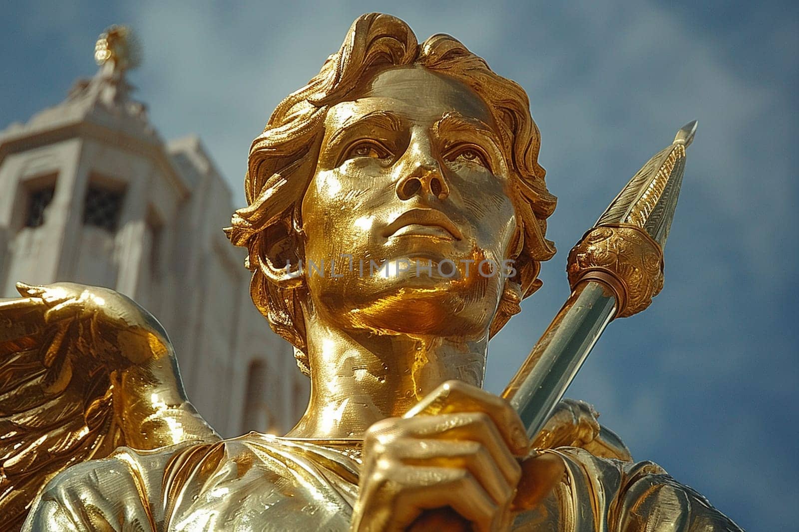 Mormon Angel Moroni Statue Trumpeting atop a Temple The figure blends with the sky by Benzoix