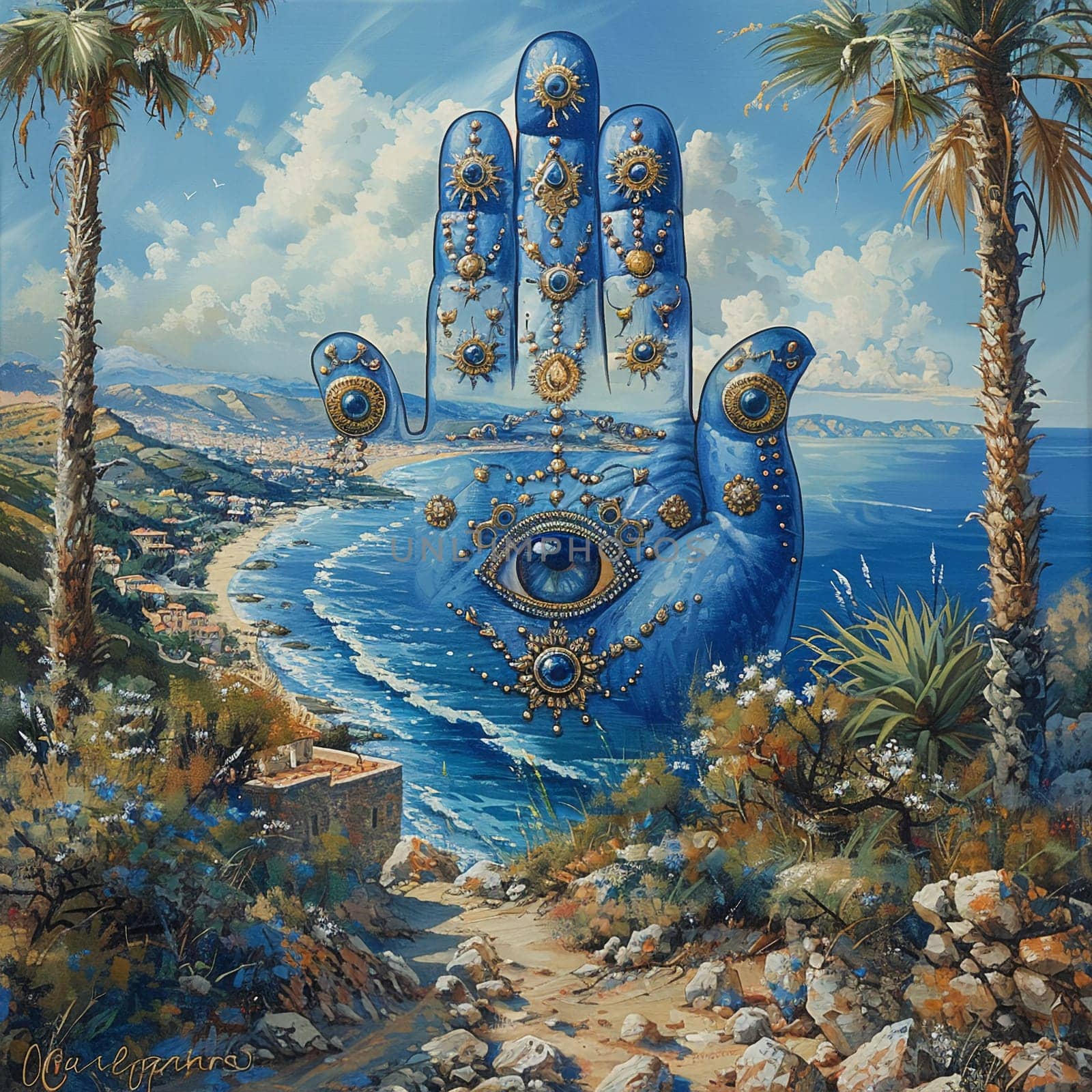 Hamsa Hand Amulets Overlooking a Mediterranean Seascape, The protective symbols blur with the sea, guarding against the evil eye.