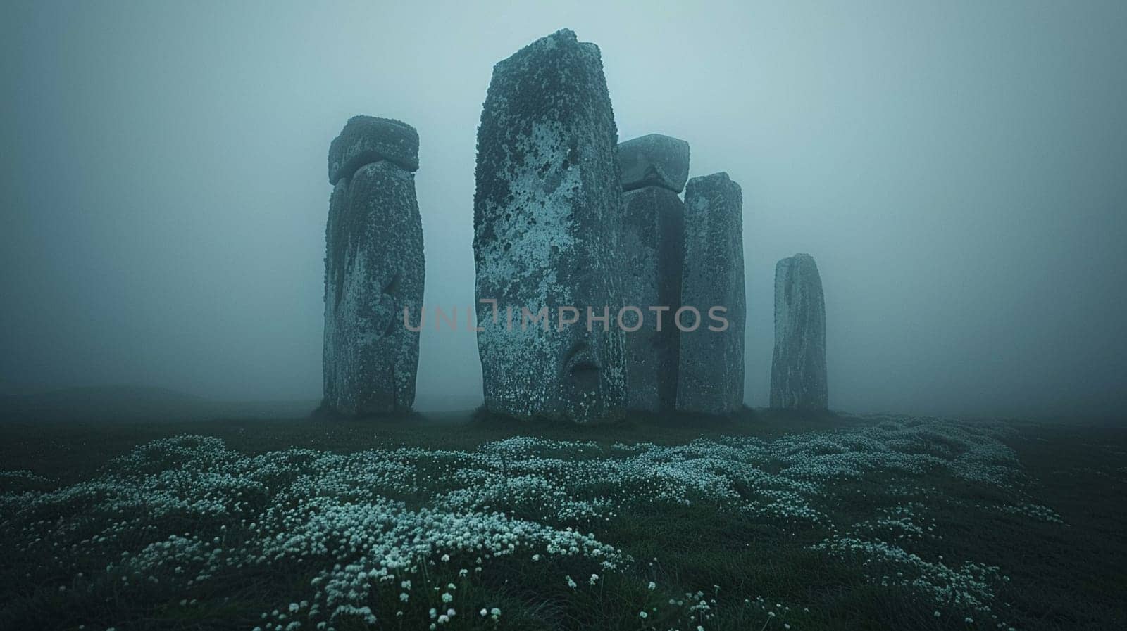 Ancient Pagan Henge Standing Mysteriously in a Field, The prehistoric stones blur into the landscape, marking time and rituals long passed.