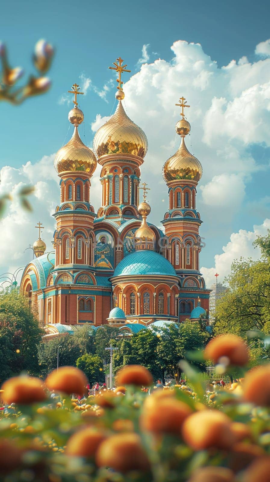Orthodox Russian Onion Domes Against a Blurred Sky, The domes meld with the clouds, iconic of Russia's religious architecture and faith.