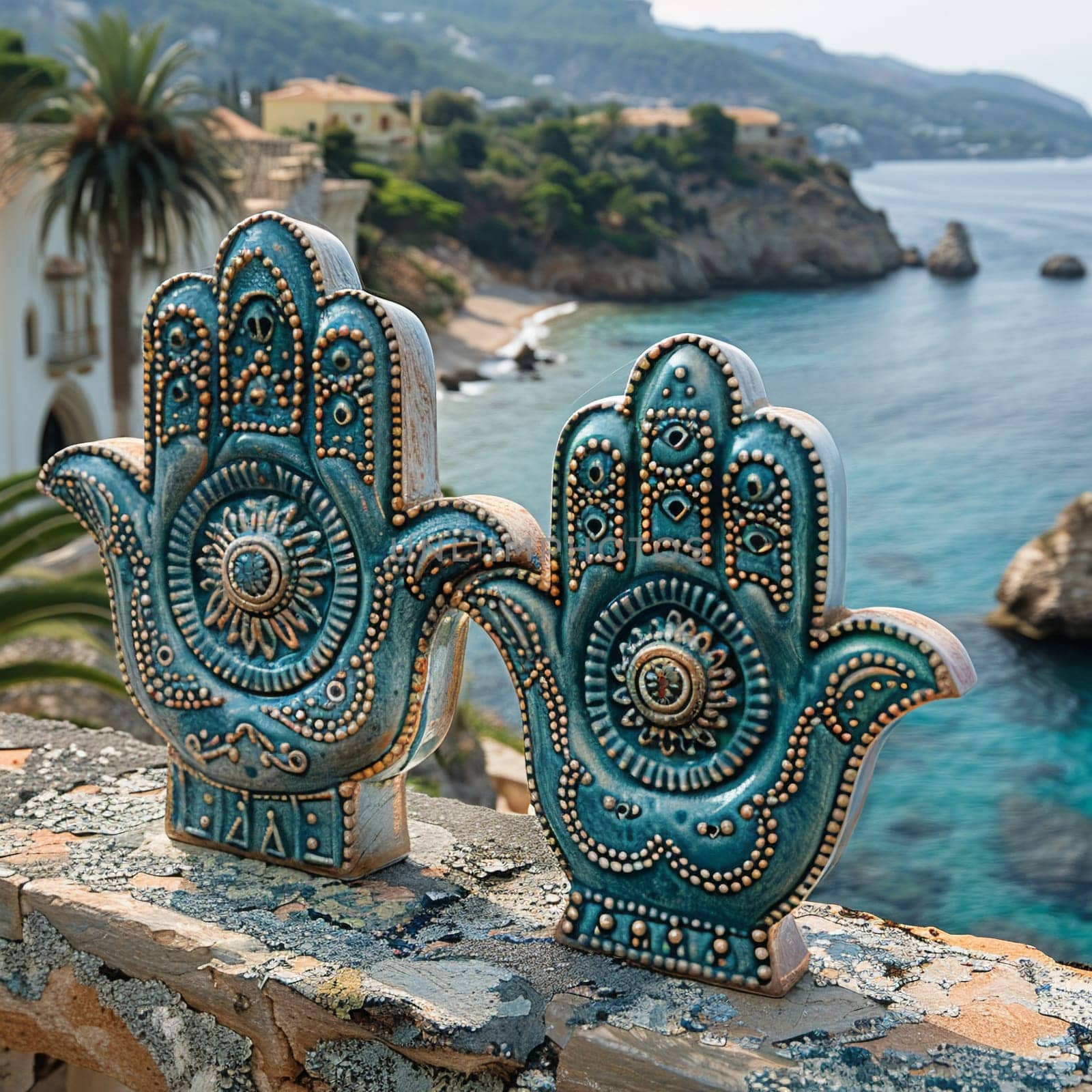 Hamsa Hand Amulets Overlooking a Mediterranean Seascape, The protective symbols blur with the sea, guarding against the evil eye.