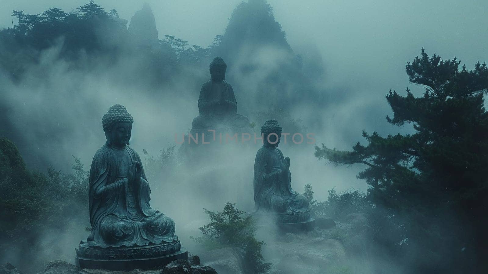 Bodhisattva Statues in Misty Mountain Temples, The figures blur into the mist, embodying compassion and the path to enlightenment.