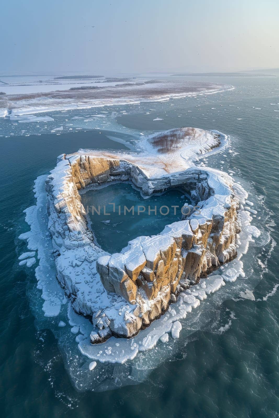 An island in the sea in winter in the shape of a heart.