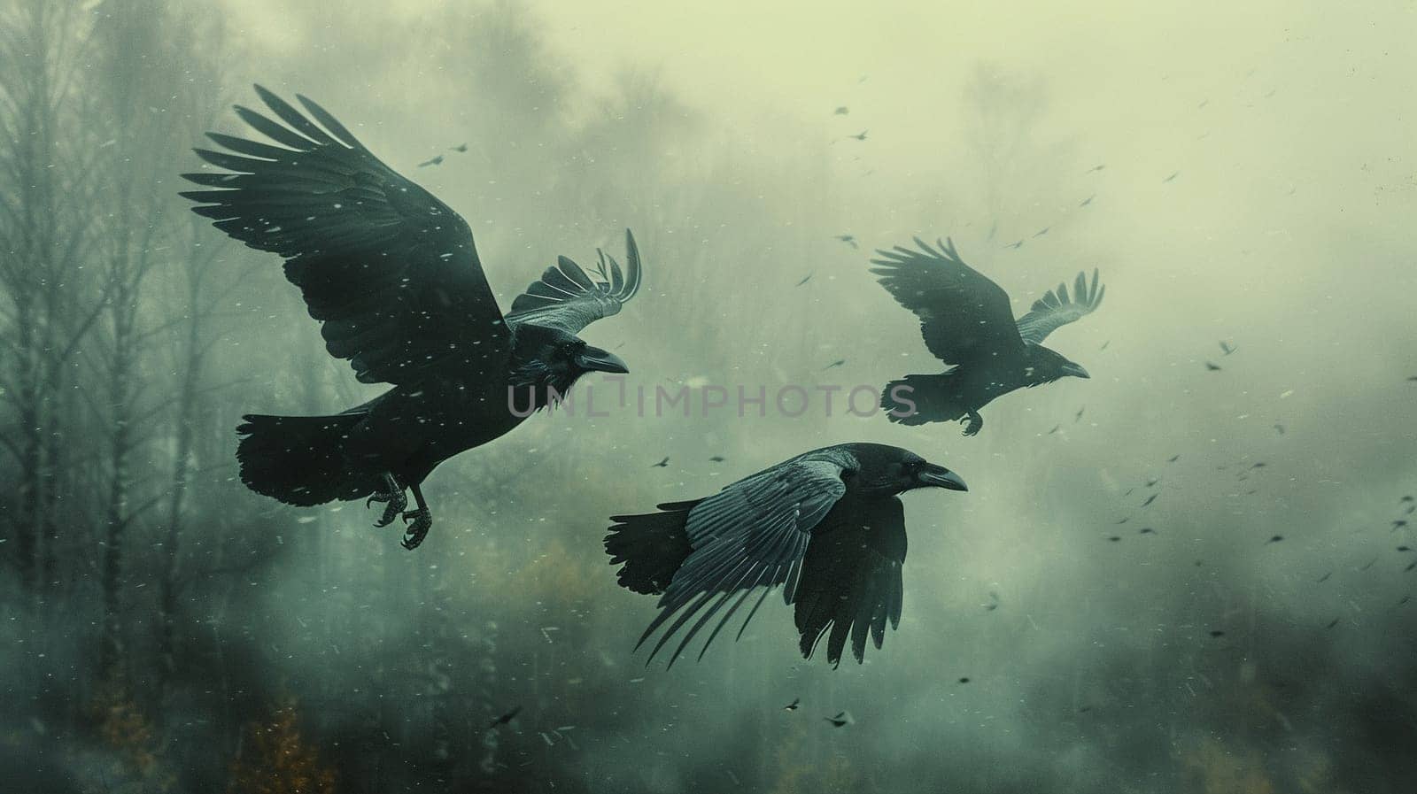 Norse God Odins Ravens in Flight Their shapes blending into the sky by Benzoix