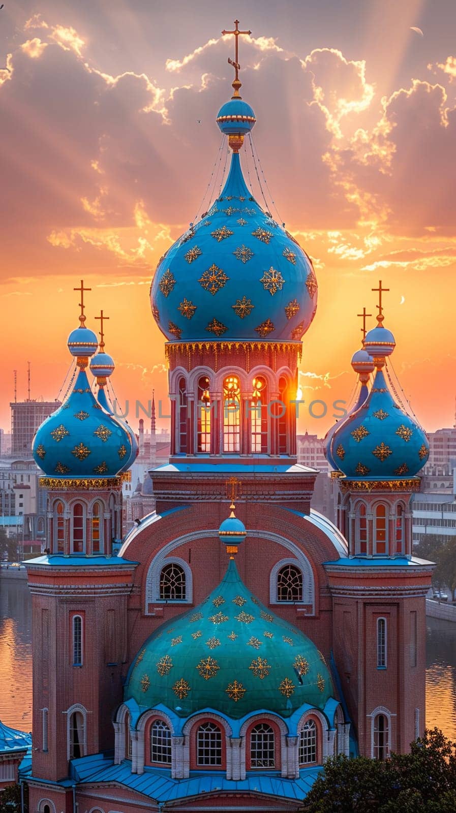 Orthodox Russian Onion Domes Against a Blurred Sky, The domes meld with the clouds, iconic of Russia's religious architecture and faith.