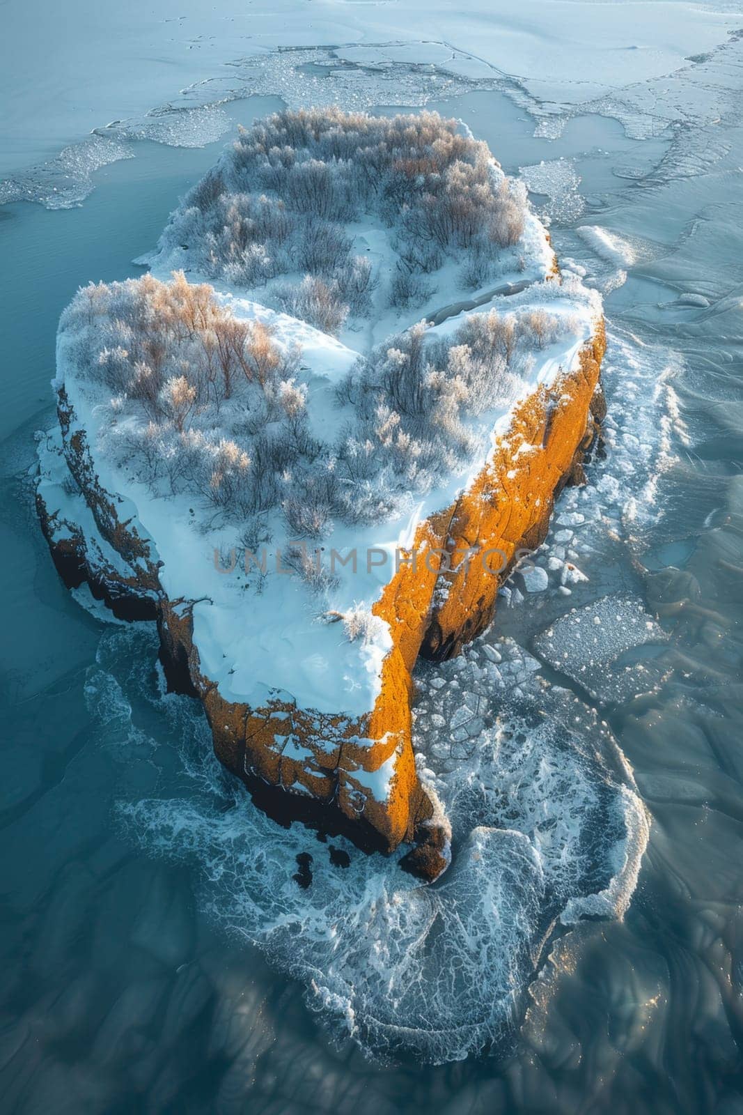 An island in the sea in winter in the shape of a heart.