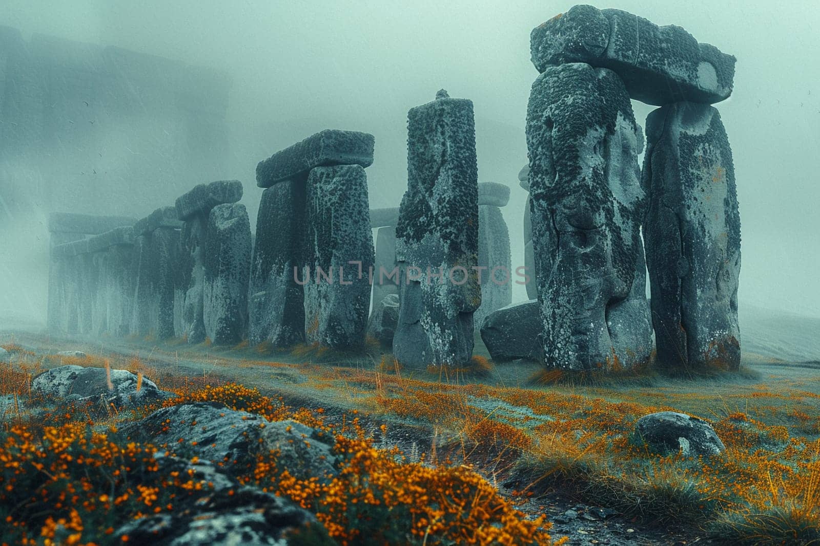 Ancient Pagan Henge Standing Mysteriously in a Field, The prehistoric stones blur into the landscape, marking time and rituals long passed.