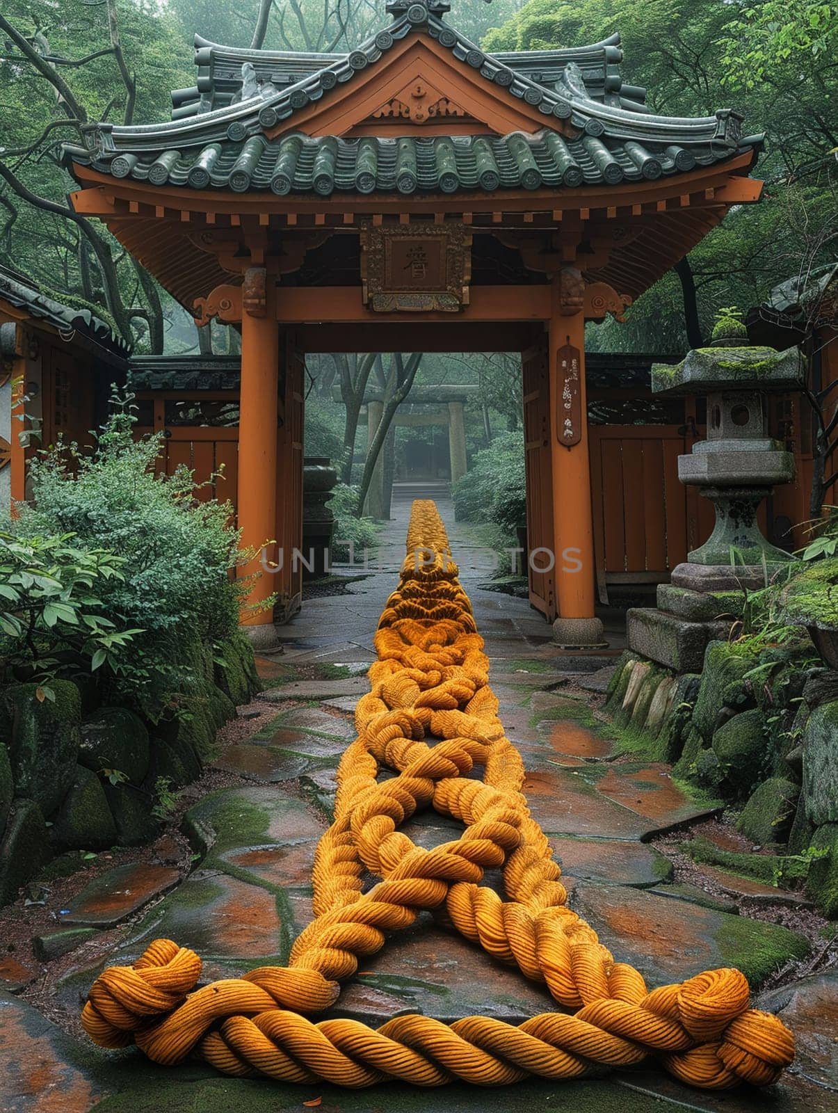 Shinto Sacred Rope Marking the Entrance to a Spiritual Space, The rope blends into the shrine, demarcating a boundary of purity and the divine.