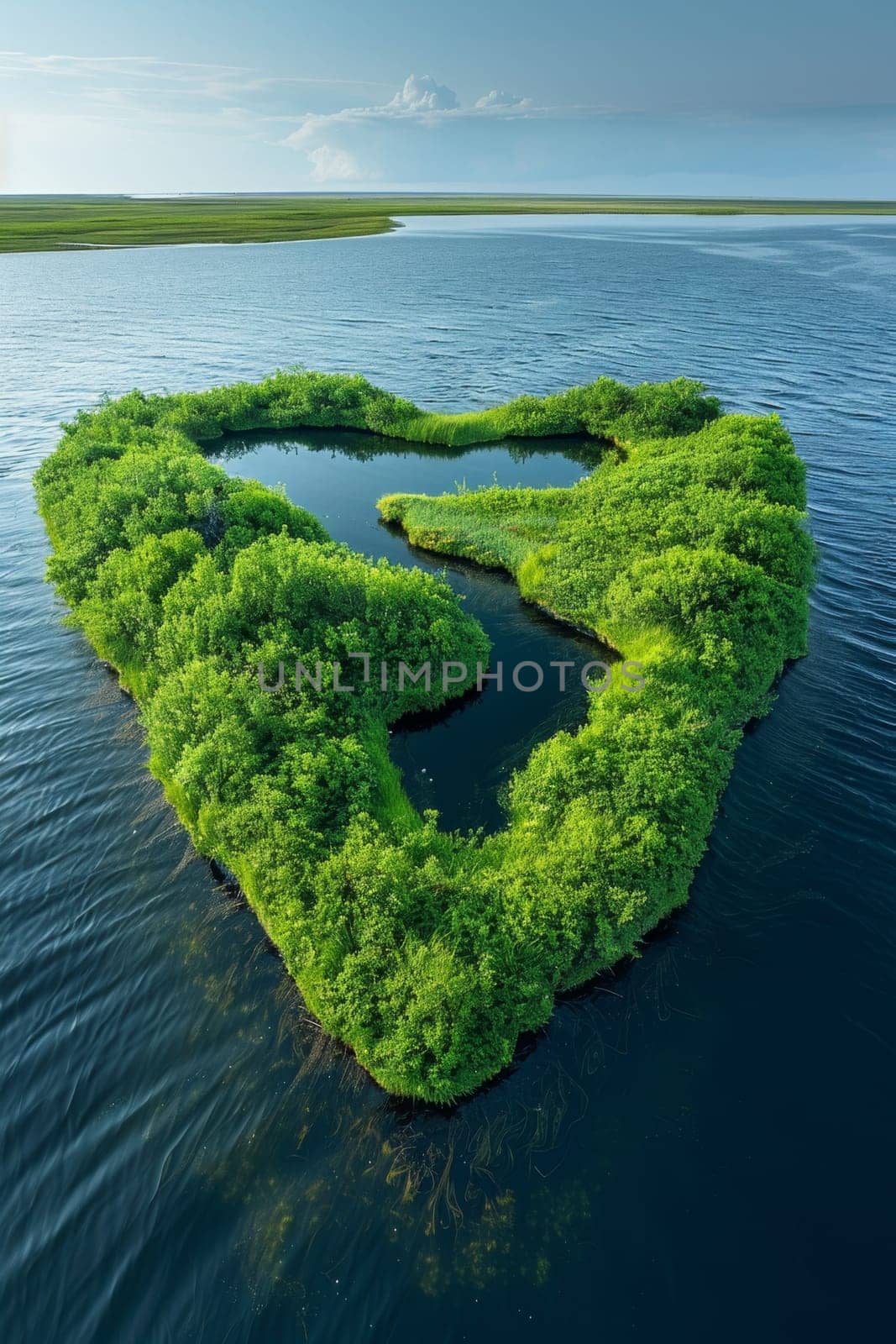 An island in the sea in the shape of a heart in summer by Lobachad