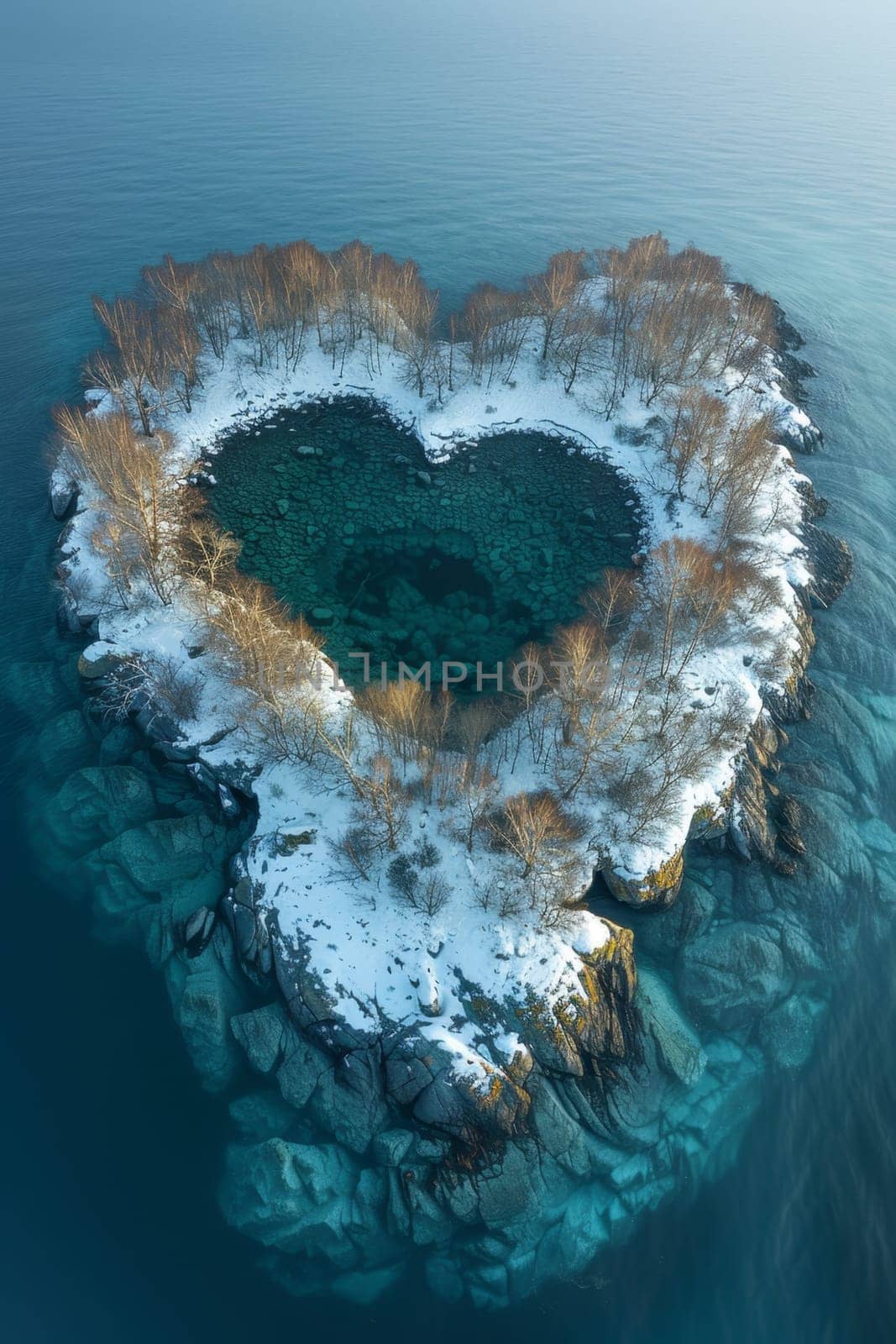 An island in the sea in winter in the shape of a heart.