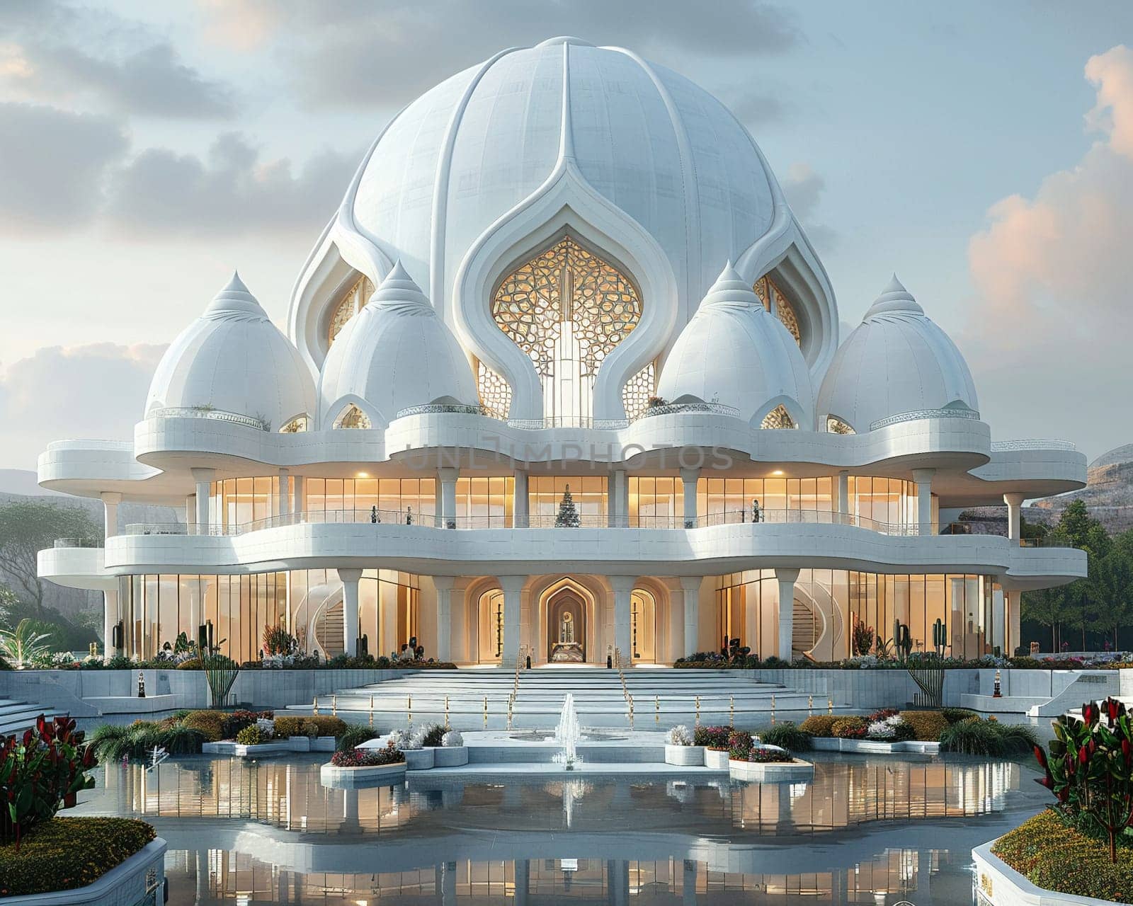 Baha'i House of Worship Dome Rising into Soft Skies, The temple's form blurs upward, inviting all to unity and prayer.