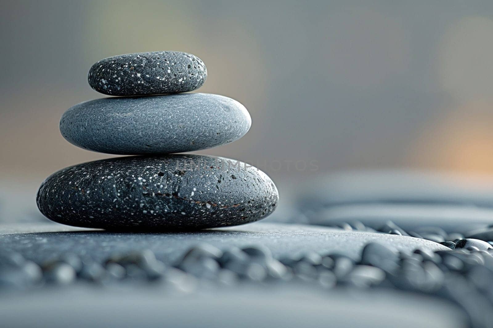 Zen Stones Stacked in Balanced Harmony, The stones blur into one another, creating a tranquil symbol of simplicity and meditation.