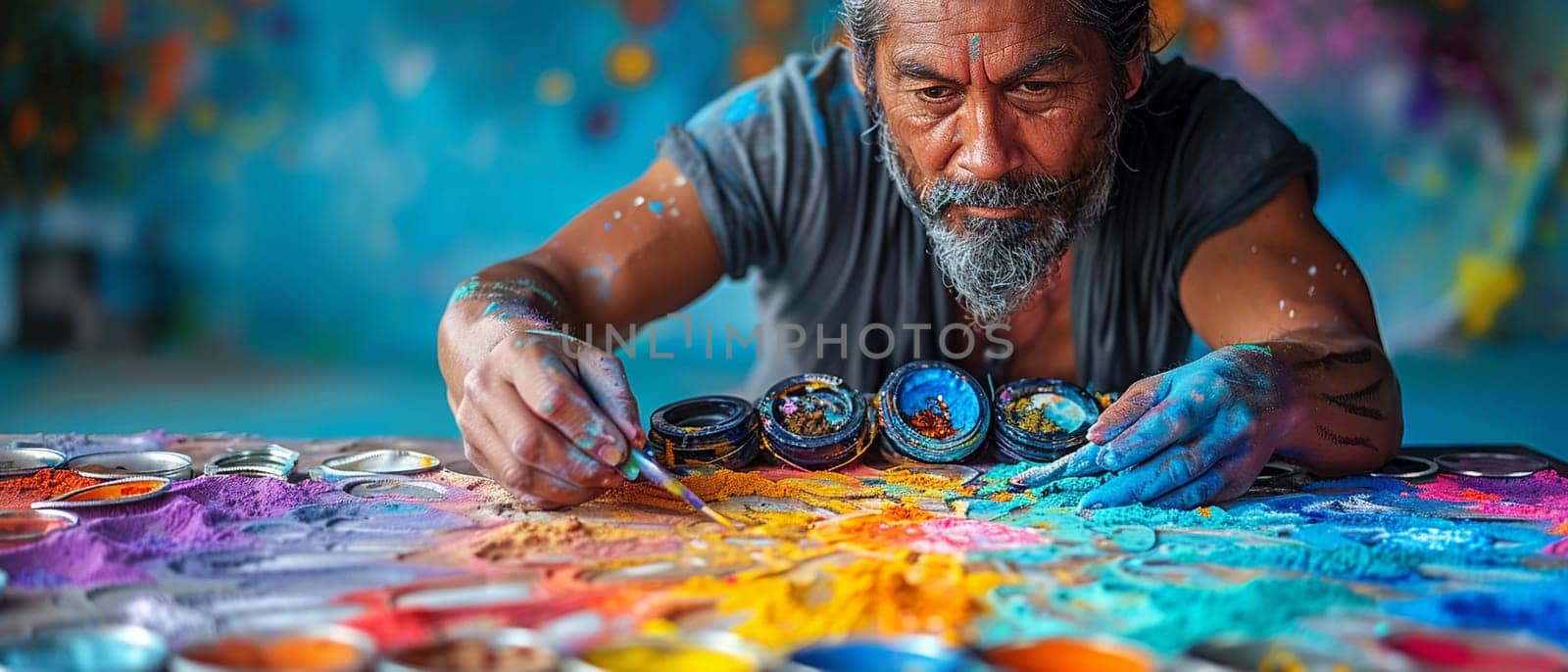 Mandala Sand Painting Being Created with Soft Edges, The colors and shapes spread, capturing the impermanence and beauty of spiritual art.