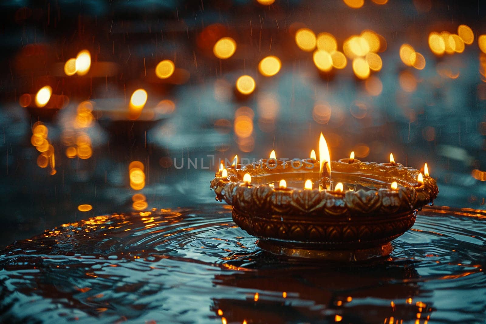 Hindu Diya Lamps Casting Soft Glows for Diwali, The lights blur together, celebrating the victory of light over darkness.