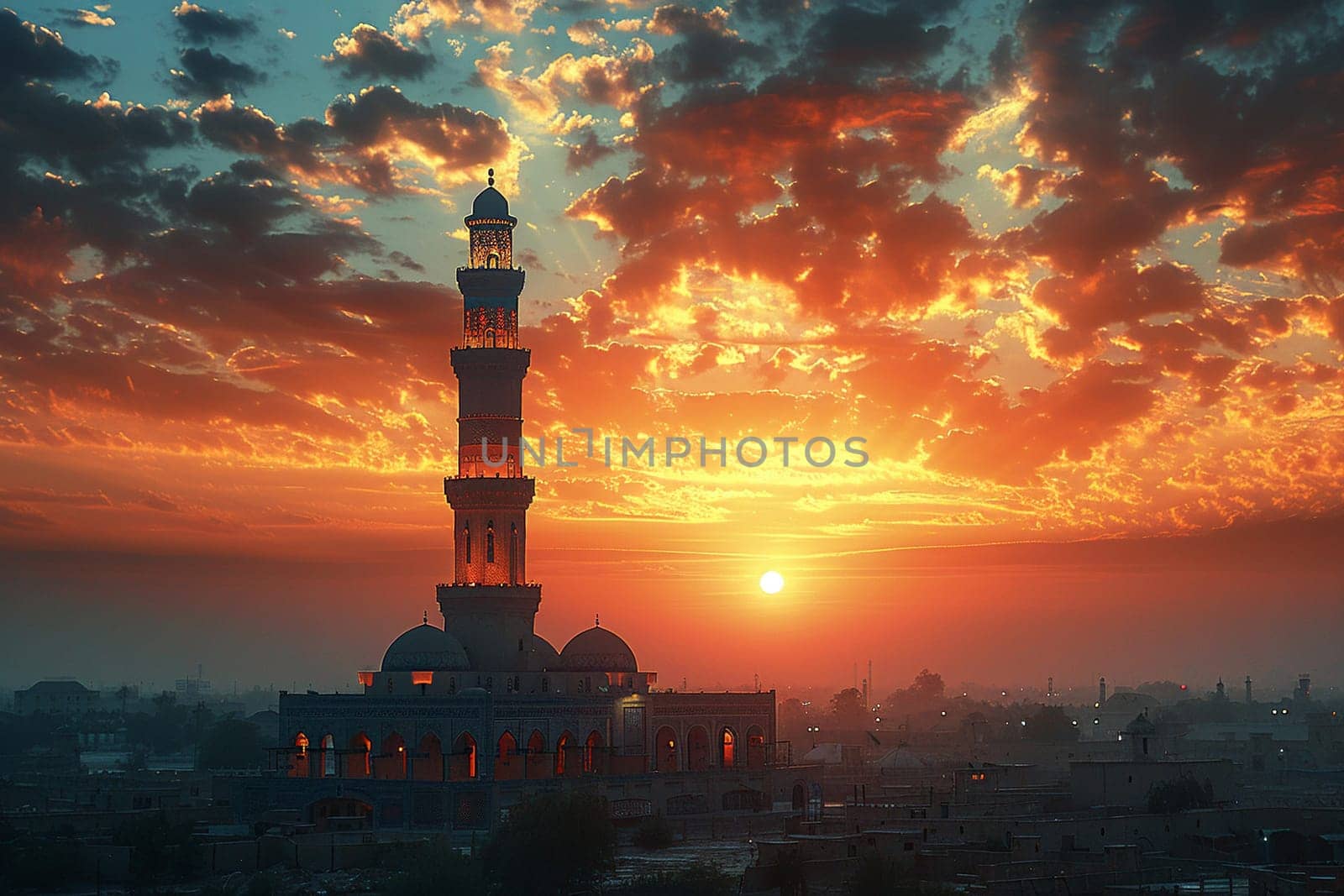 Islamic Minaret Towering Above a Historic City, The tower's silhouette merges with the sky, calling the faithful to prayer.