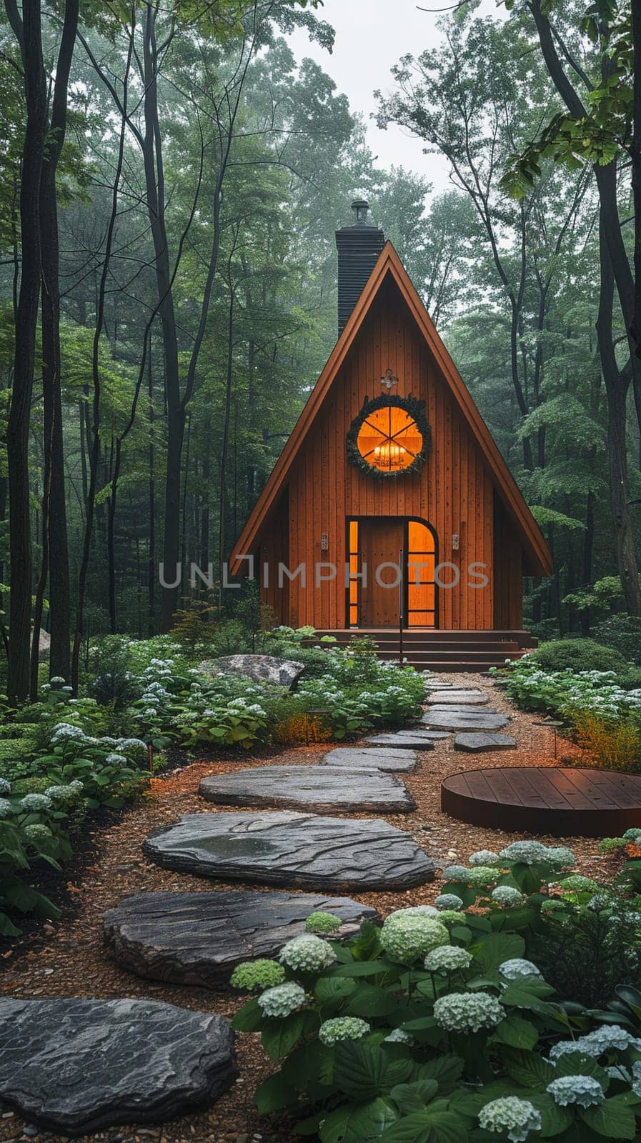 Rustic Wooden Chapel Nestled in Serene Nature, The outline of the humble structure merges with the tranquility of its surroundings.