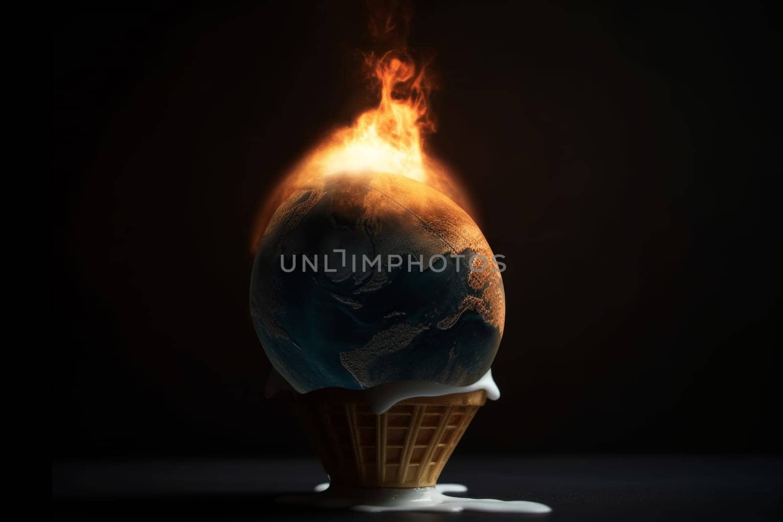A provocative concept image showcasing Earth as an ice cream scoop, aflame on top, melting over a dark background, symbolizing climate change