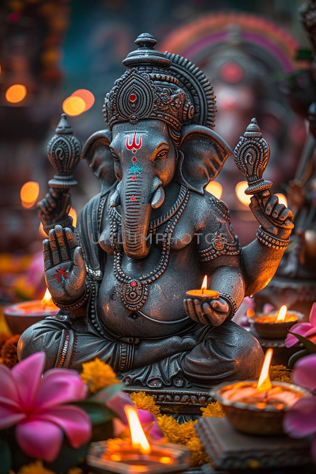 Ganesha Idol Serenely Sitting Among Diwali Lights, The blurred glow of lamps creates an atmosphere of celebration and worship.