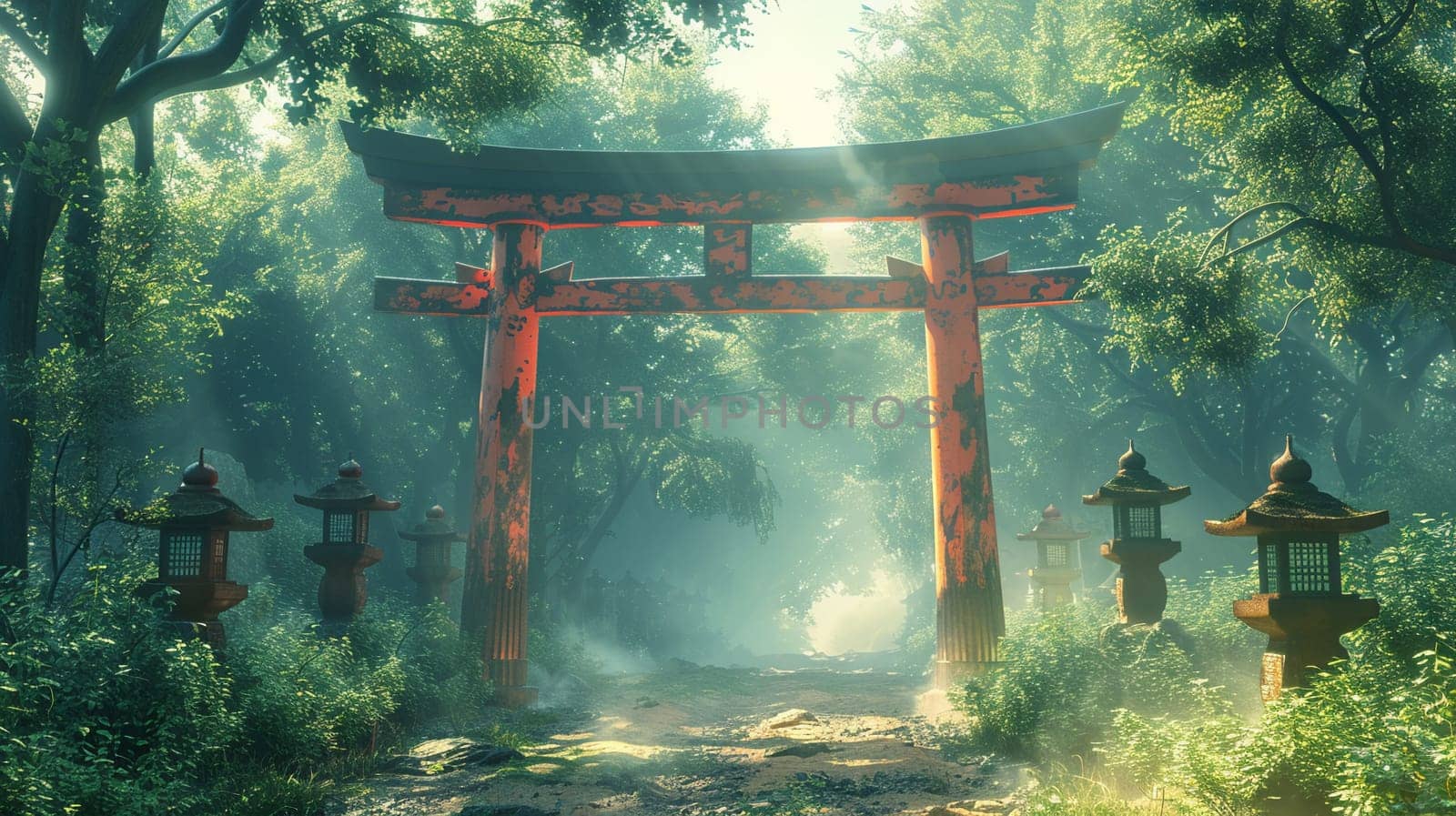 Shinto Shrine Torii Gate Framing a Peaceful Forest, The traditional structure blends with nature, signifying a sacred entrance.