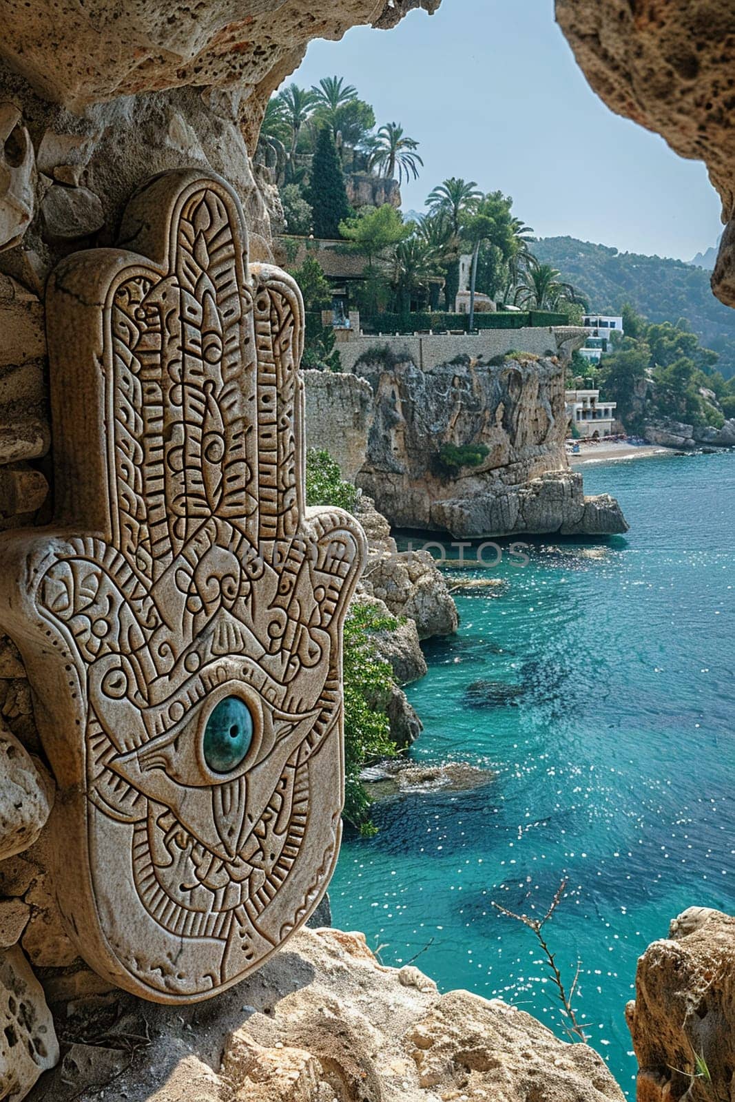 Hamsa Hand Amulets Overlooking a Mediterranean Seascape The protective symbols blur with the sea by Benzoix