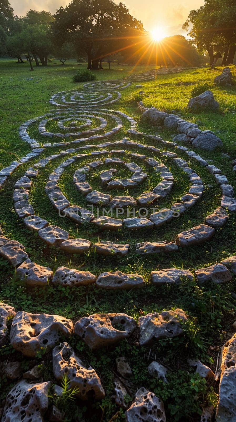 Labyrinth Path for Meditation Weaving Through a Churchyard, The journey's pattern blurs into grass, signifying contemplation and pilgrimage.