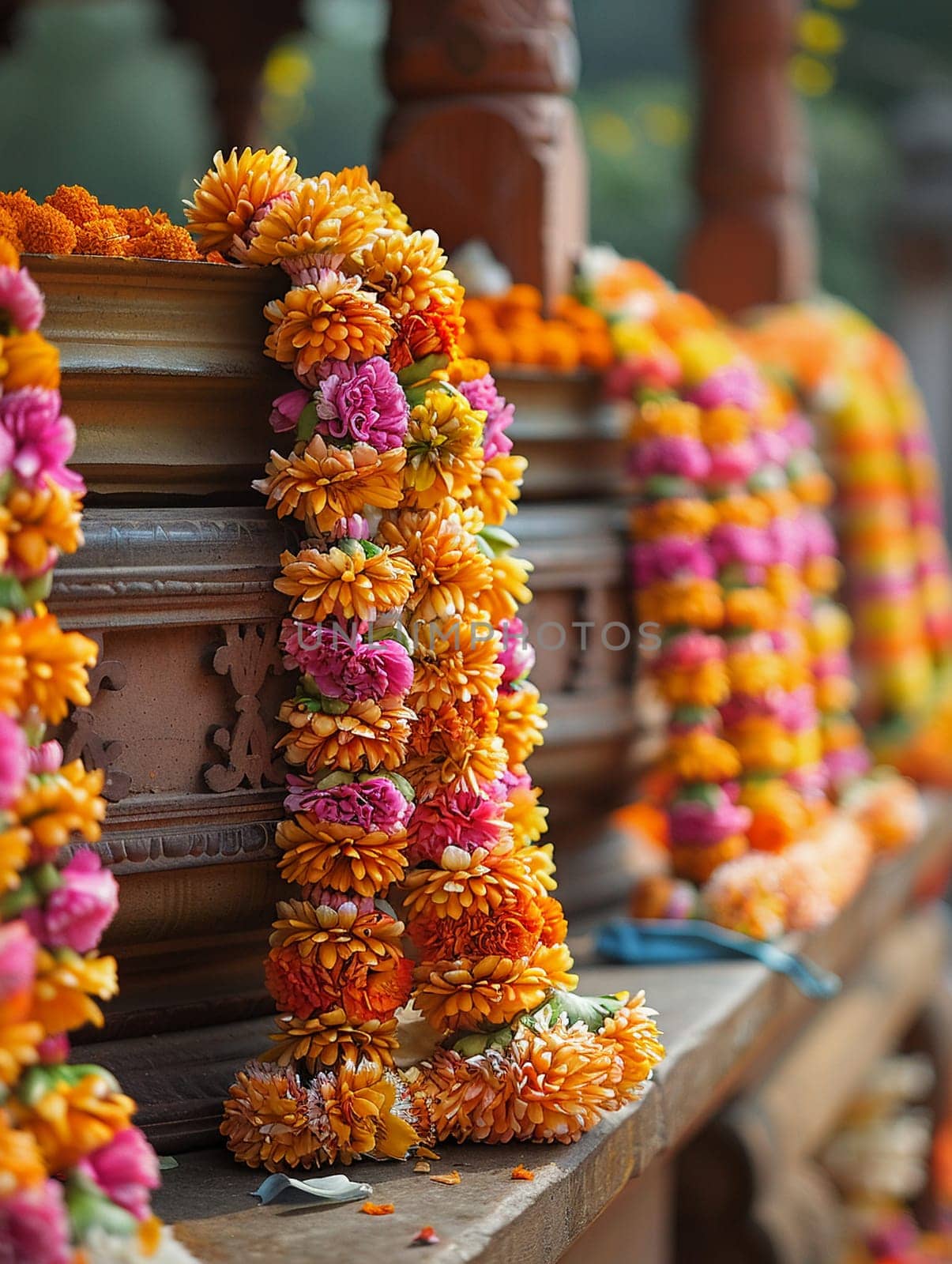 Flower Garlands Prepared for a Hindu Ceremony The flowers edges soften by Benzoix
