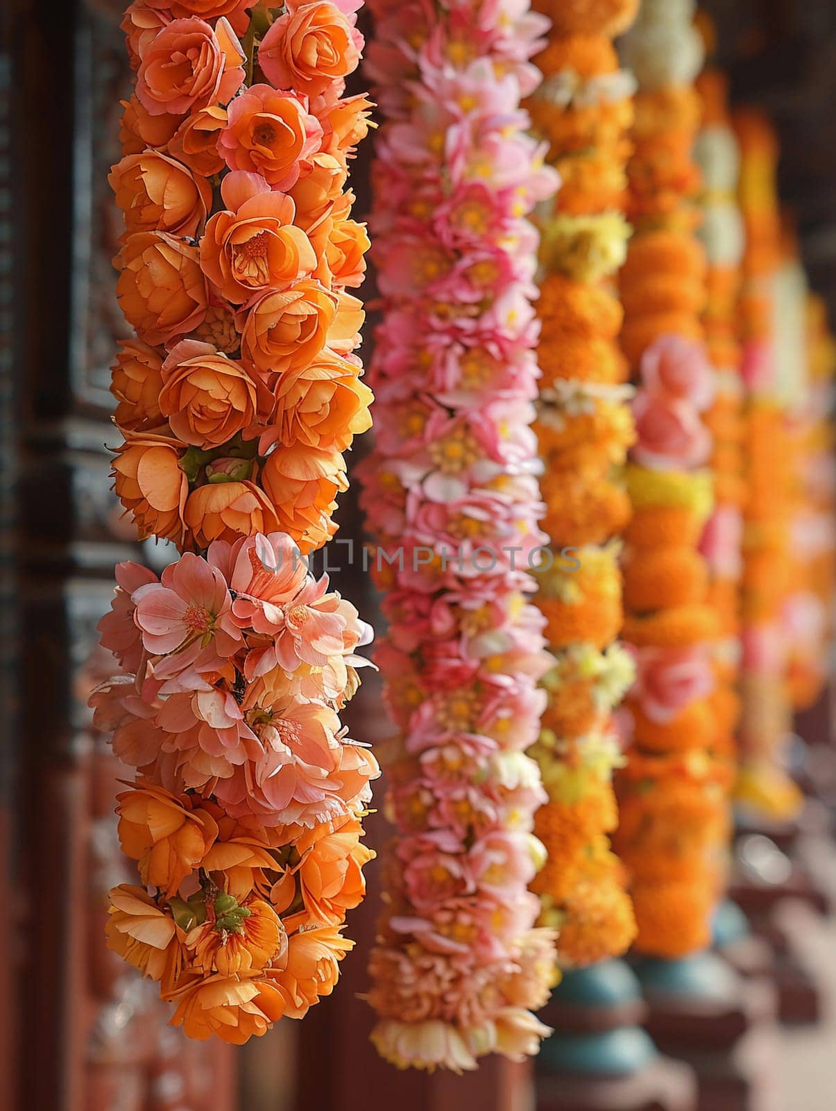 Flower Garlands Prepared for a Hindu Ceremony The flowers edges soften by Benzoix