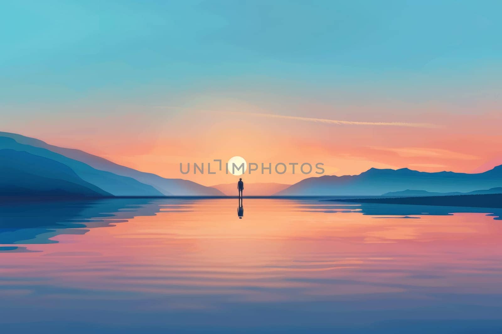 Solitary Figure at Lakeside Sunset by andreyz