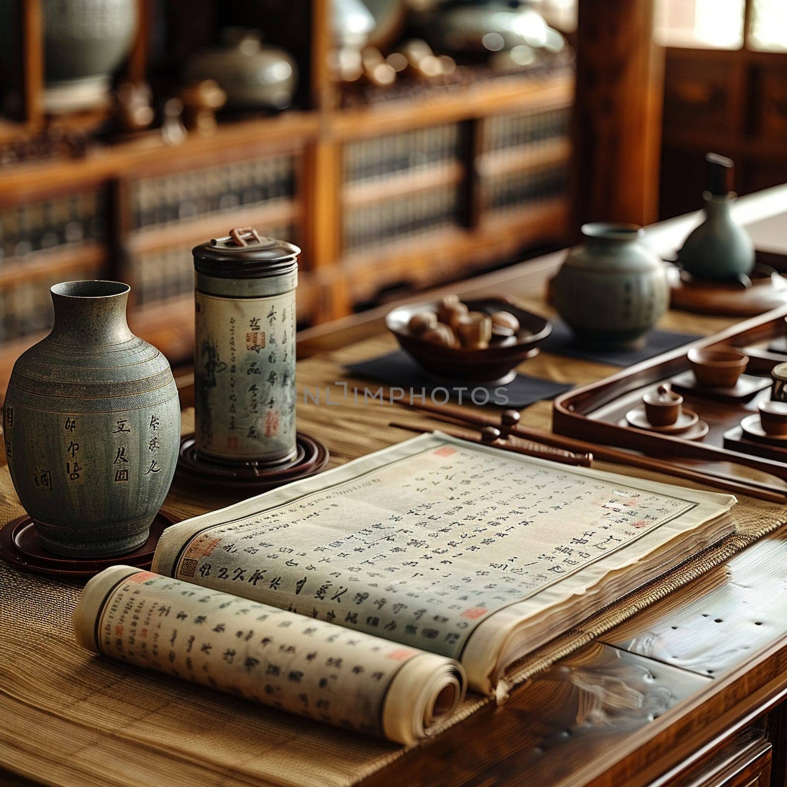 Confucian Scrolls Displayed in a Scholar's Study, The text blurs into paper, signifying wisdom and the pursuit of knowledge.