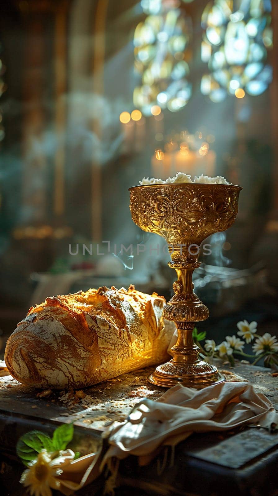 Holy Communion Elements Prepared on an Altar, The bread and wine slightly out of focus, highlighting the sacredness of the ritual.