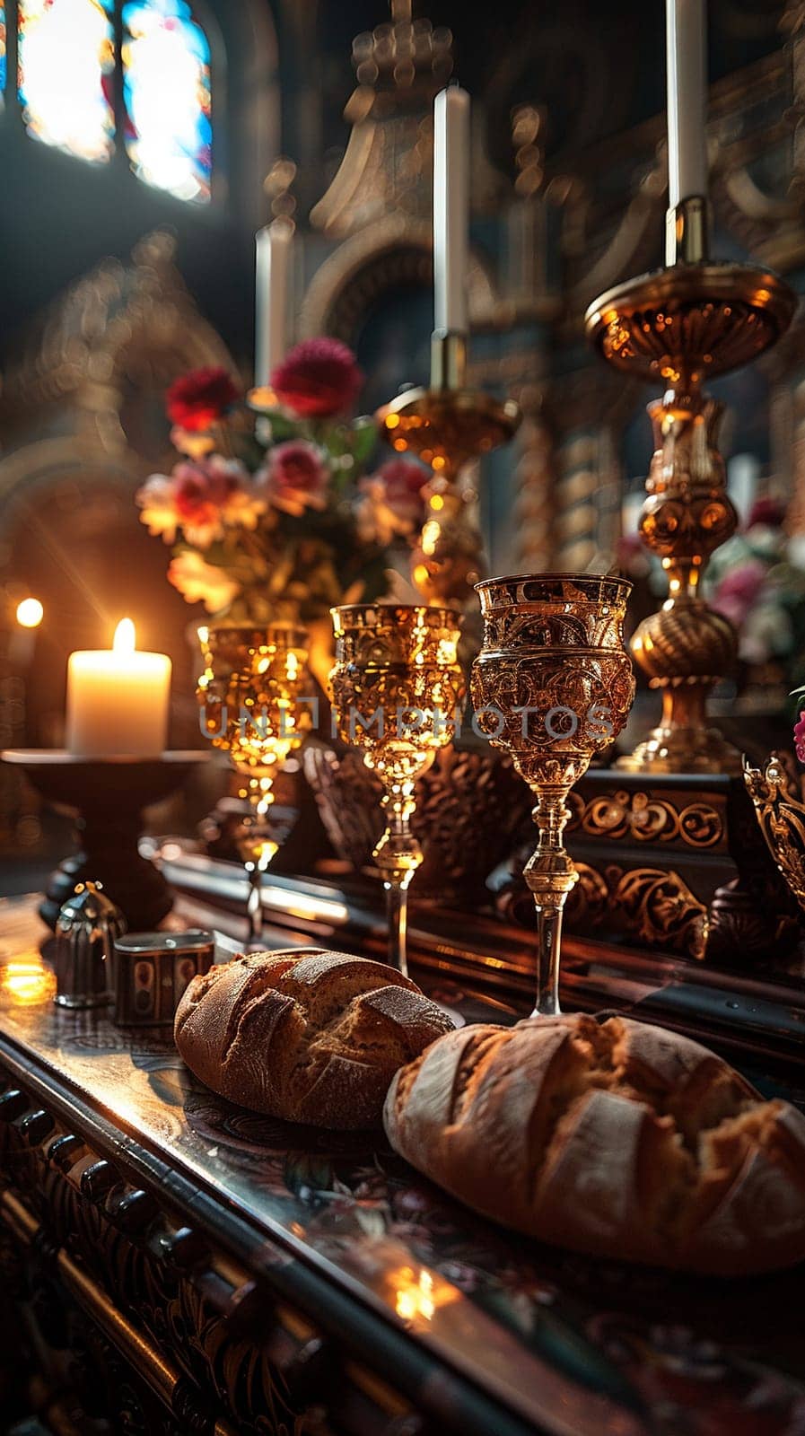 Holy Communion Elements Prepared on an Altar The bread and wine slightly out of focus by Benzoix