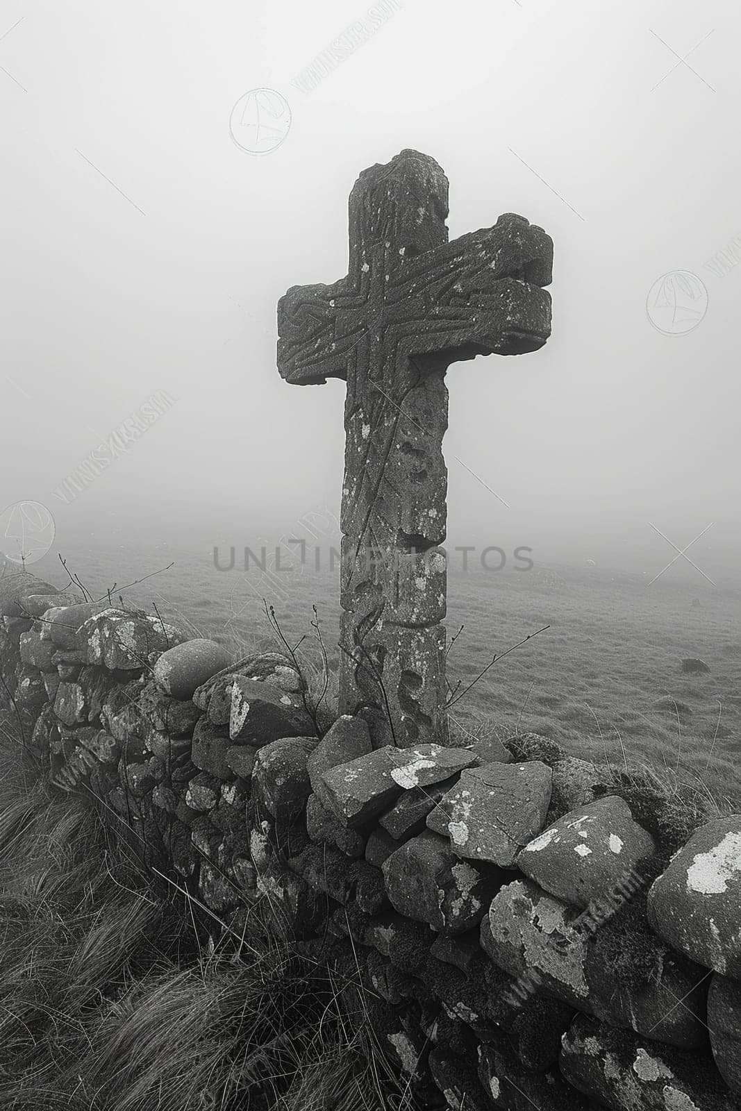 Celtic Cross Standing Solitary in a Misty Field The cross melds into the morning mist by Benzoix