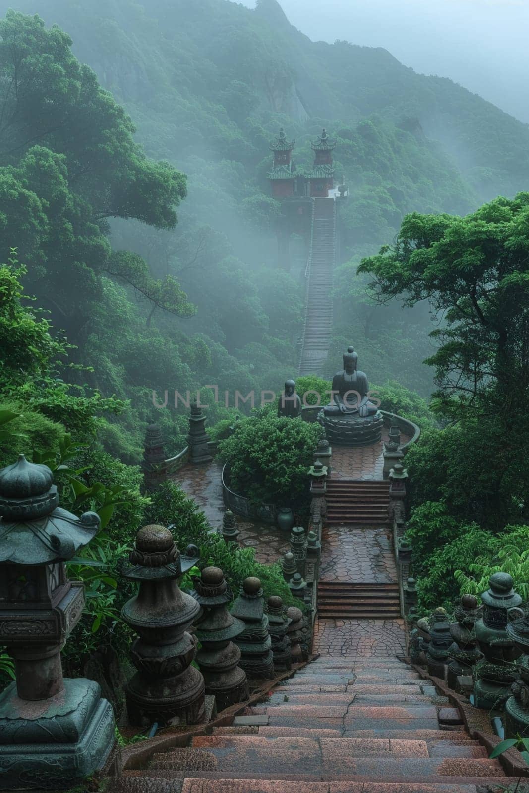 Bodhisattva Statues in Misty Mountain Temples, The figures blur into the mist, embodying compassion and the path to enlightenment.